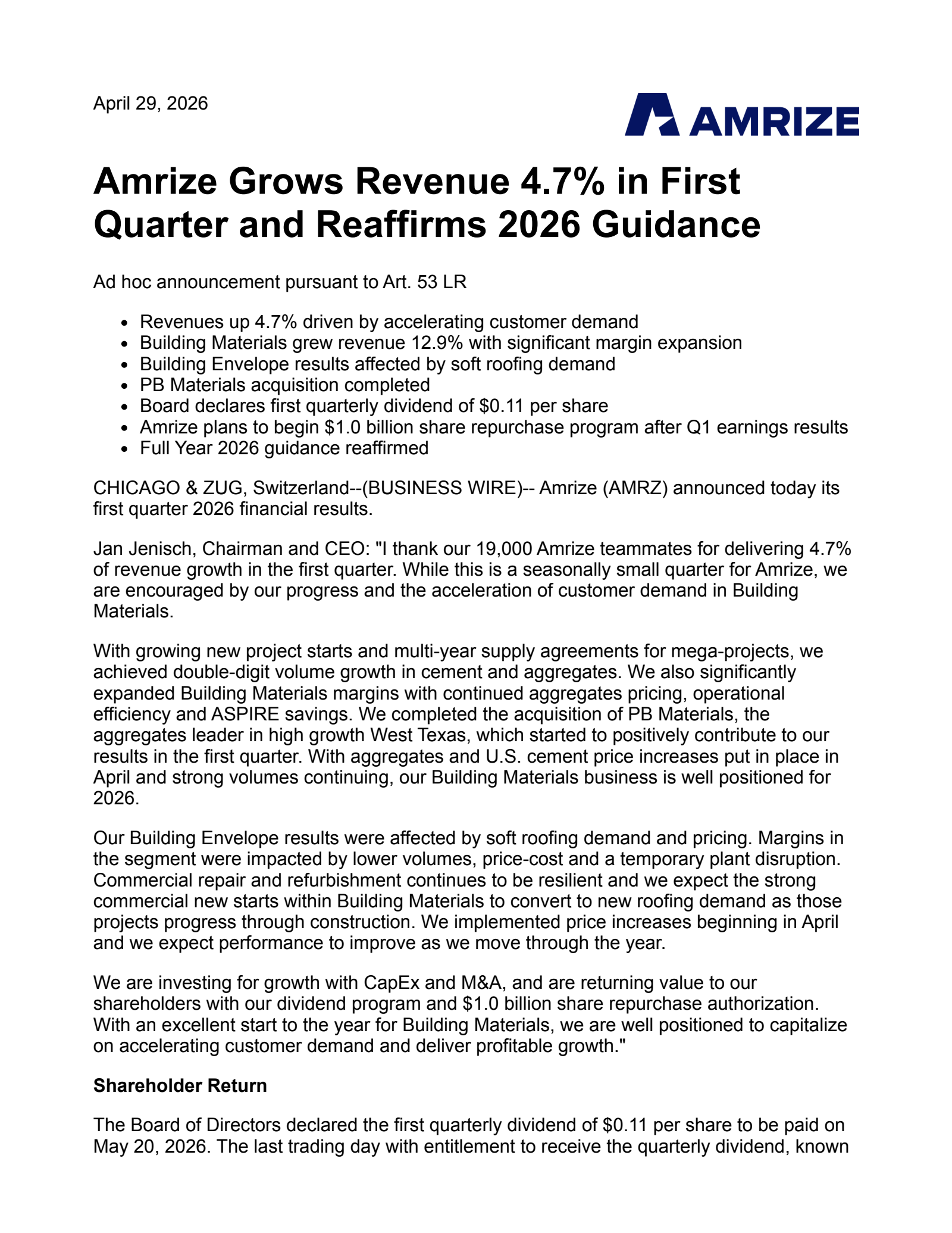 Amrize's Q1 2026 Press Release