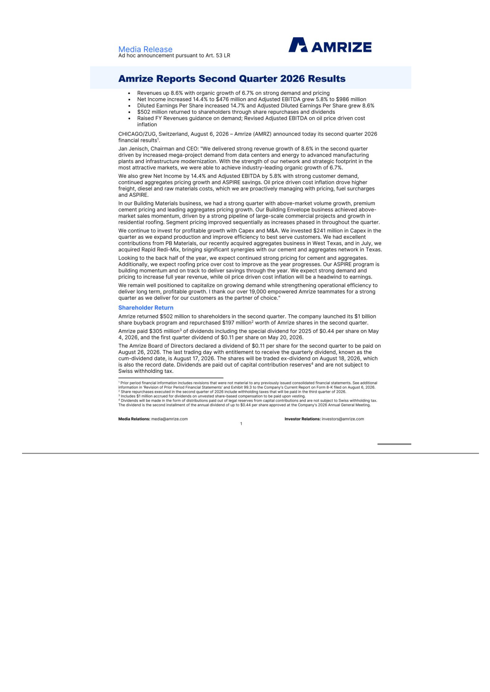 Amrize's Q2 2026 Press Release