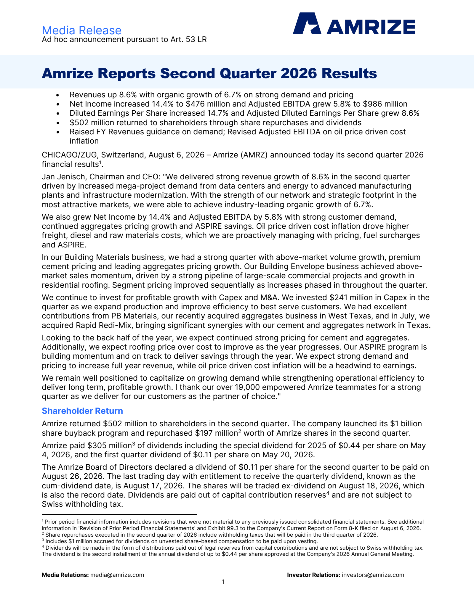 Amrize's Q2 2026 Press Release