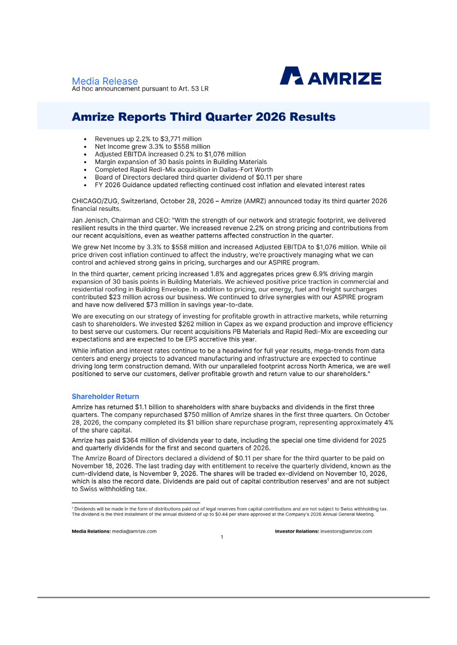Amrize's Q3 2026 Press Release