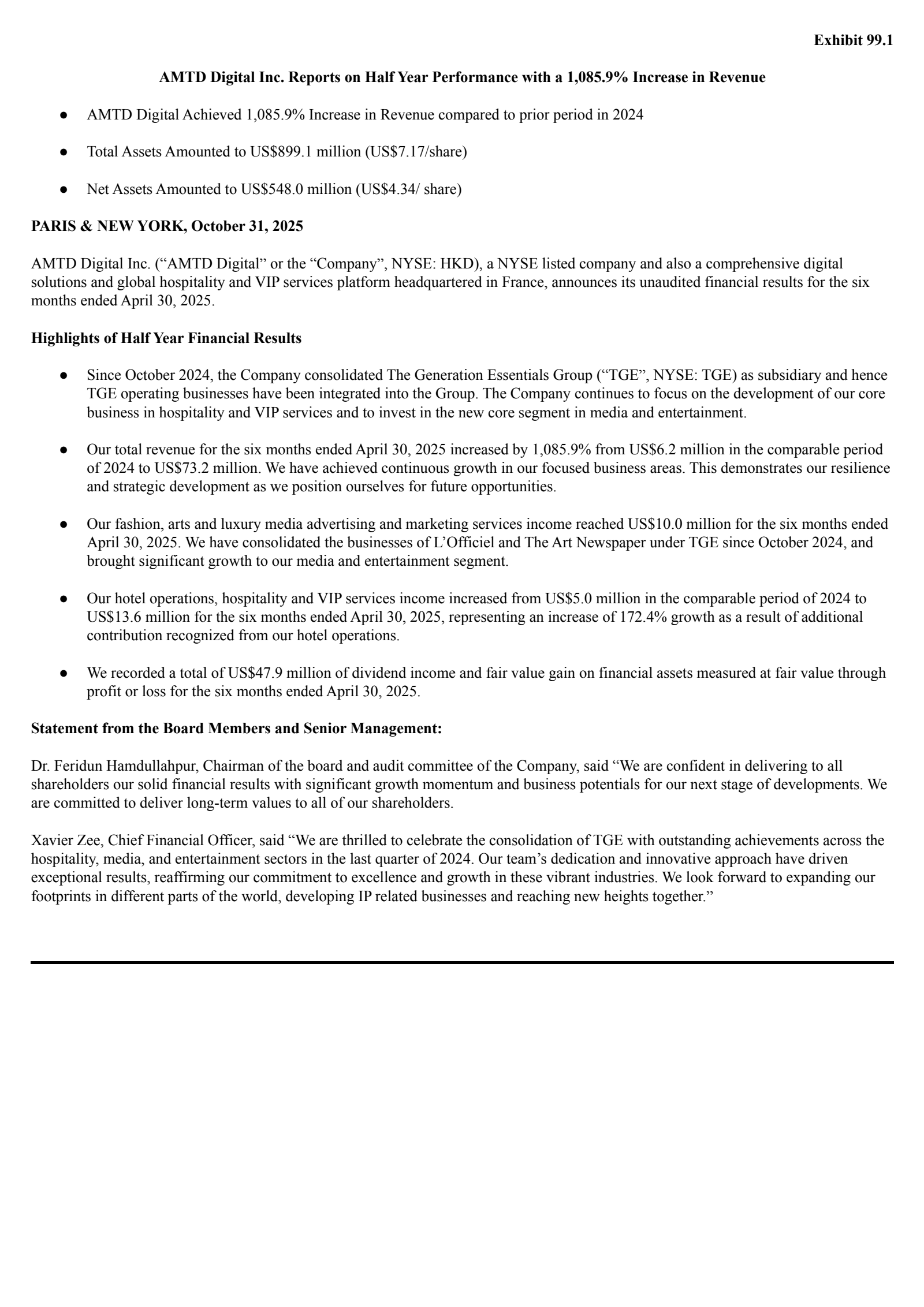AMTD Digital's H1 2025 Earnings Release