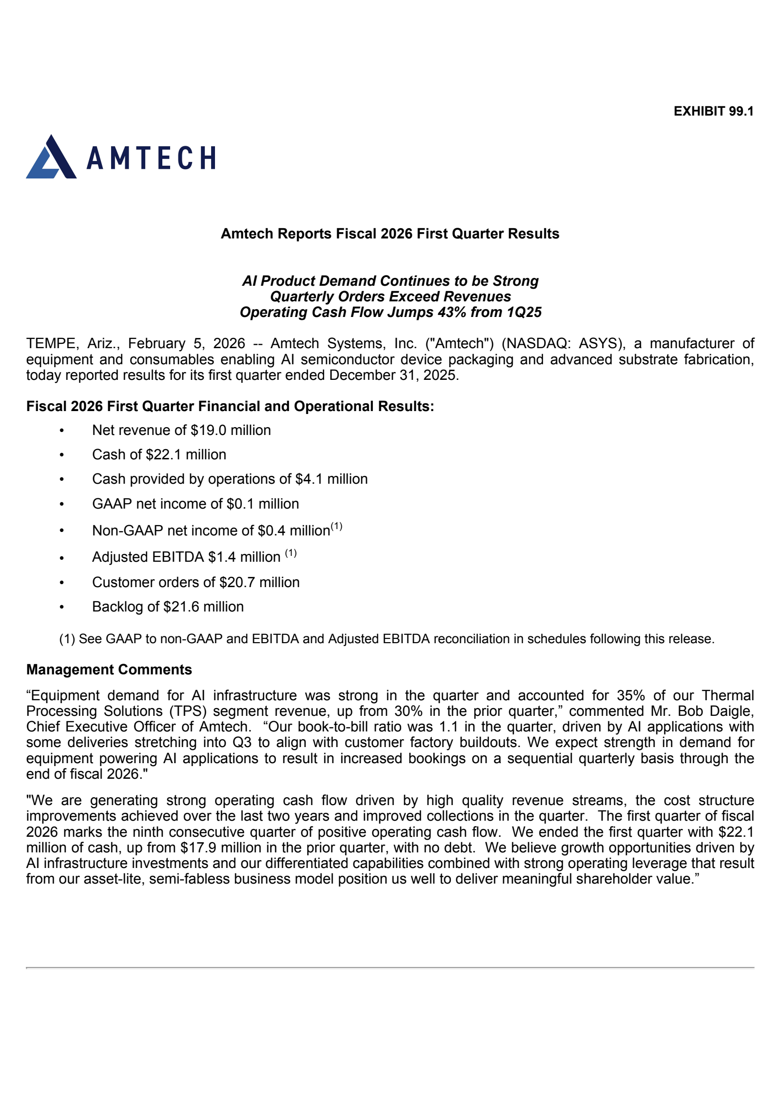 Amtech Systems' Q1 2026 Press Release