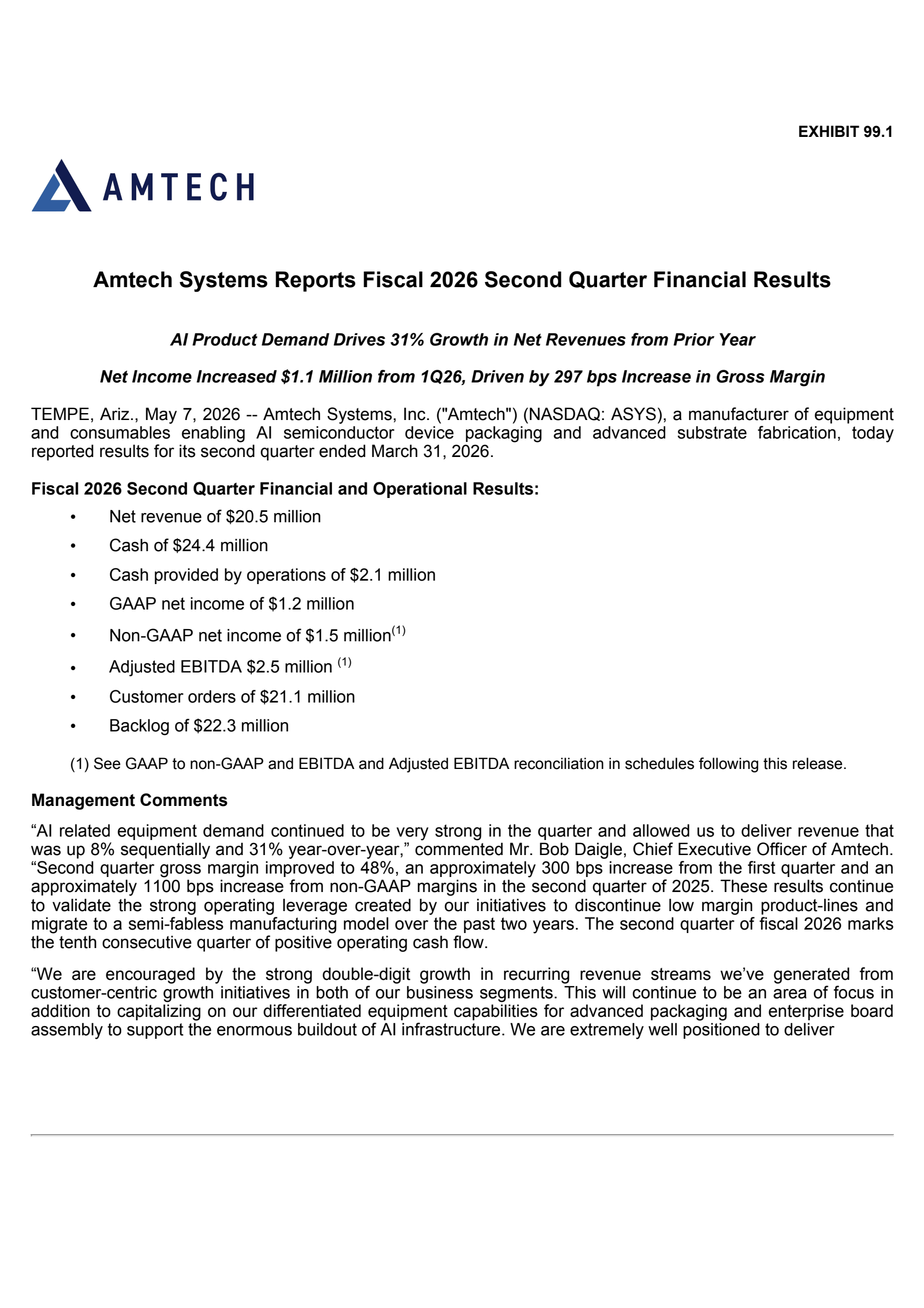 Amtech Systems' Q2 2026 Press Release