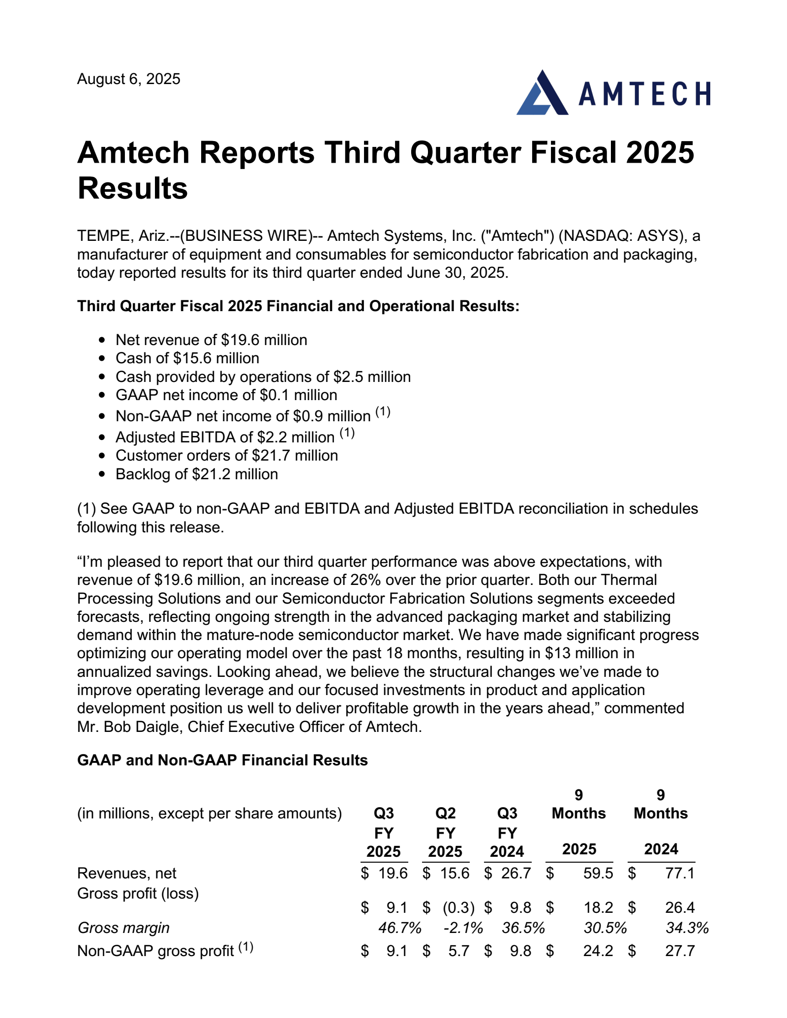 Amtech Systems' Q3 2025 Press Release