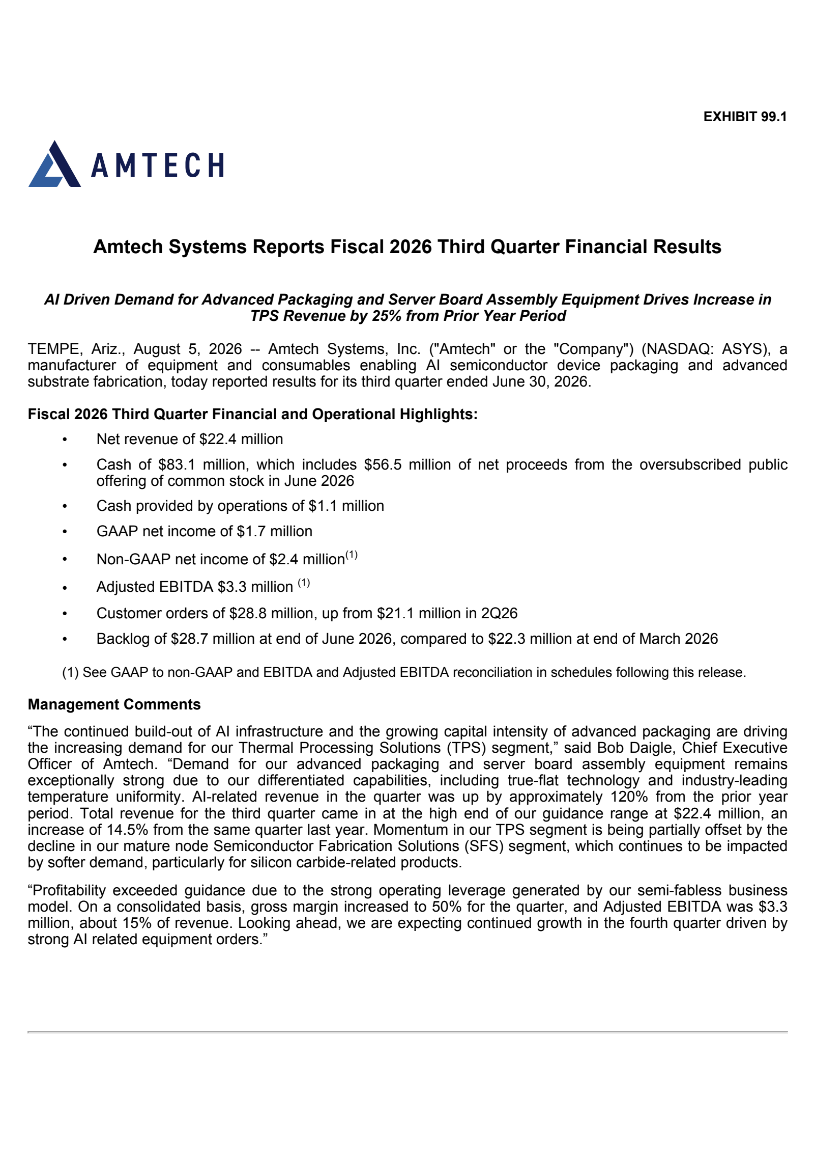 Amtech Systems' Q3 2026 Press Release