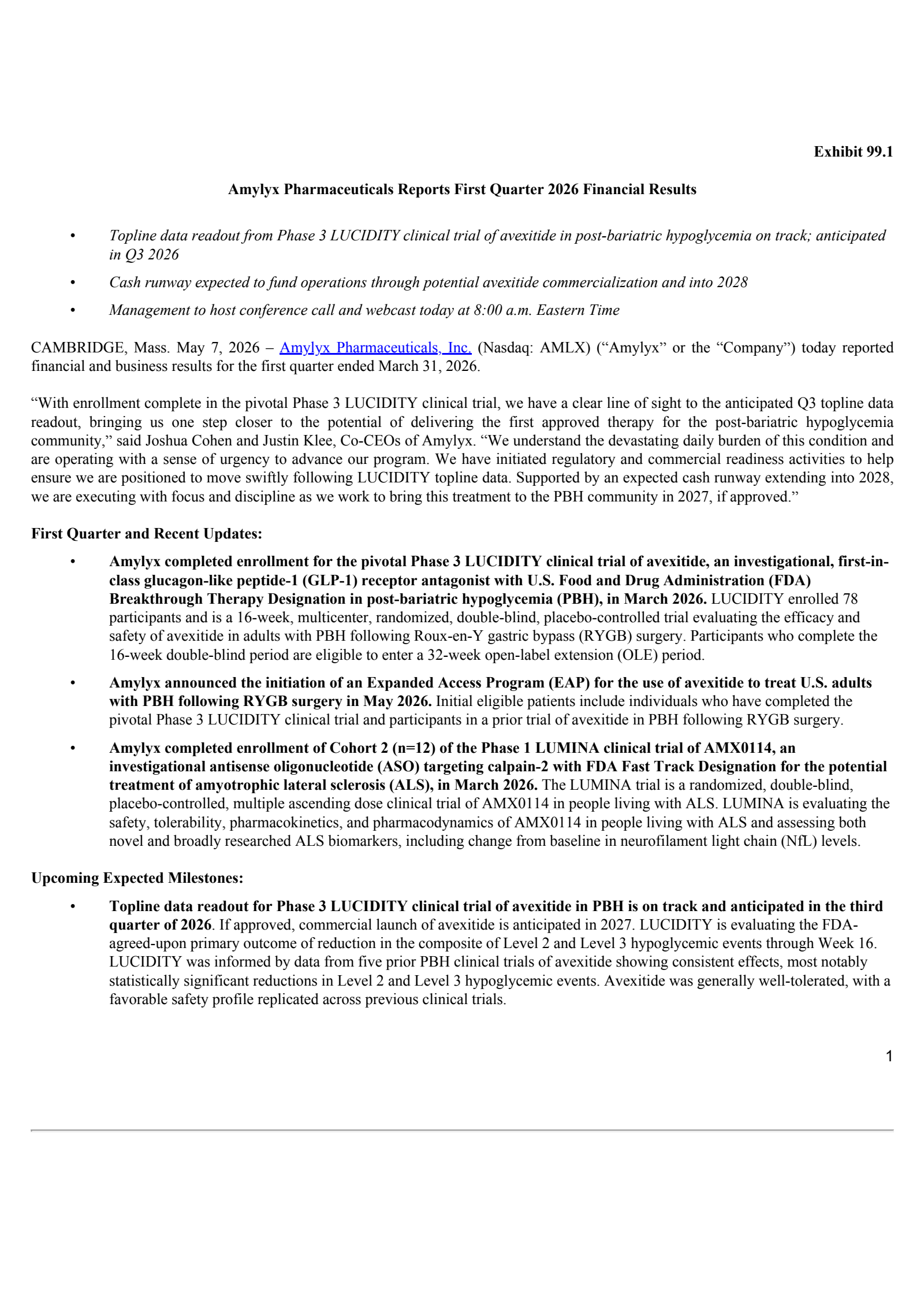 Amylyx Pharmaceuticals' Q1 2026 Press Release