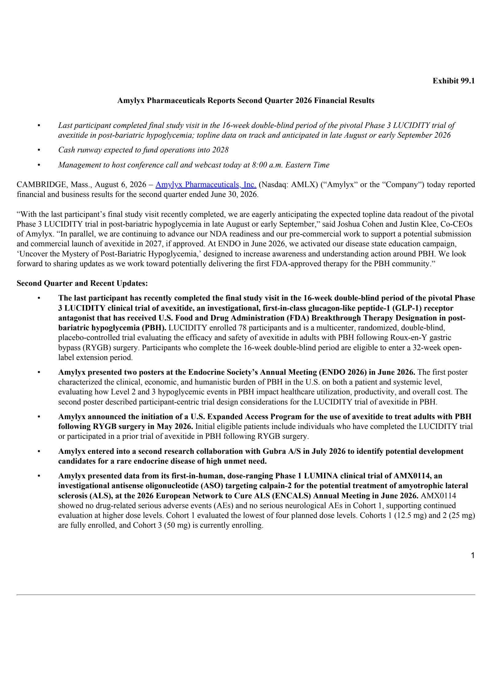 Amylyx Pharmaceuticals' Q2 2026 Press Release