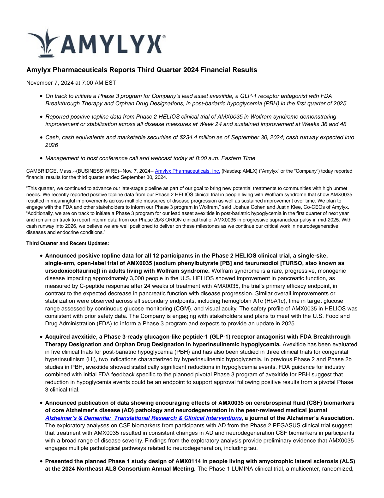 Amylyx Pharmaceuticals' Q3 2024 Press Release