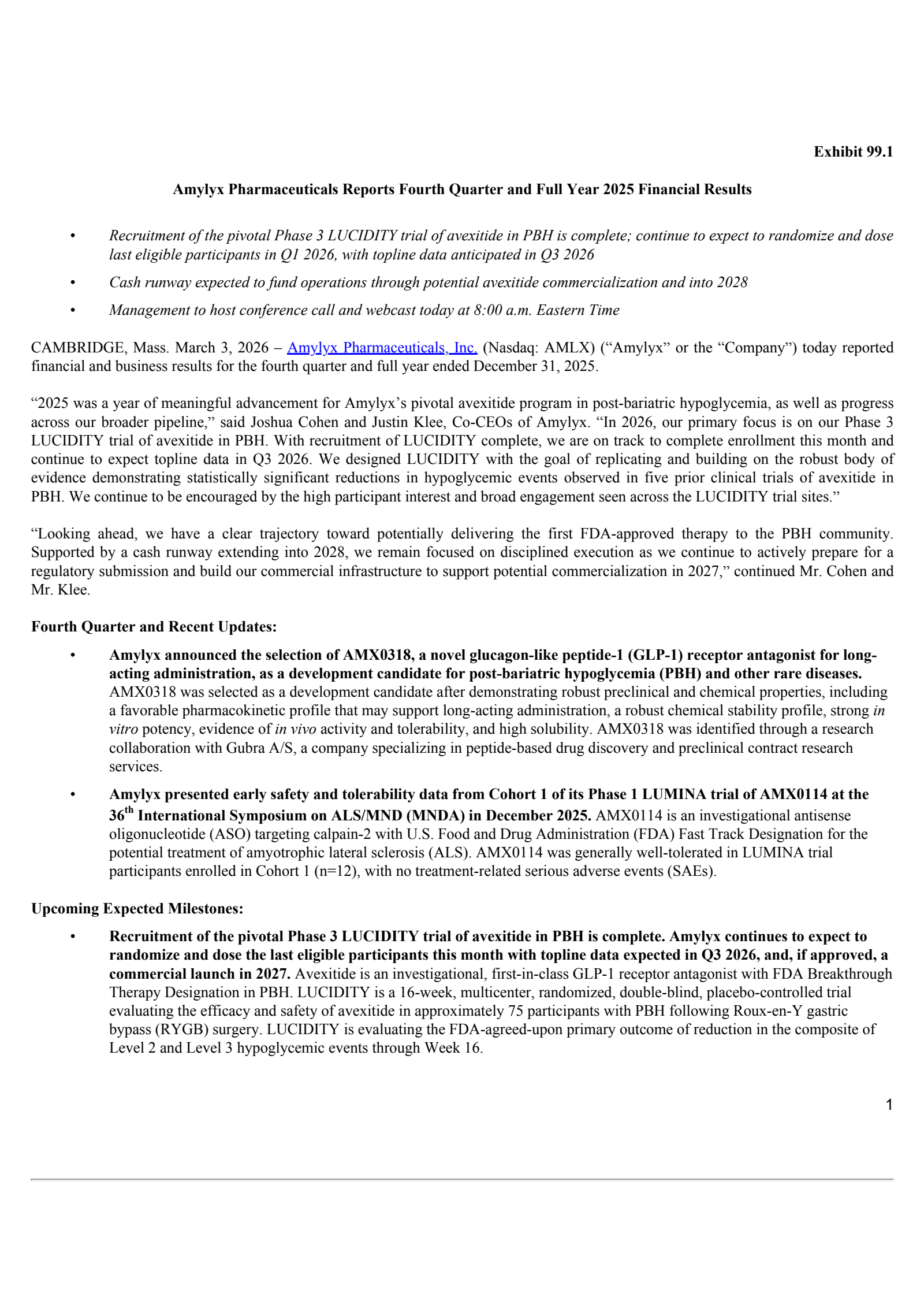 Amylyx Pharmaceuticals' Q4 2025 Press Release
