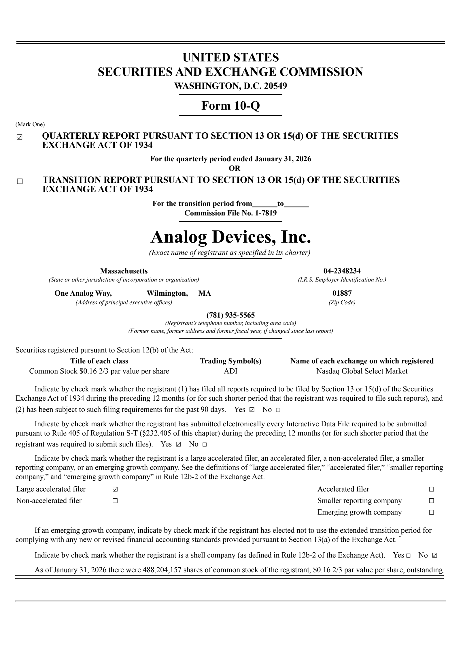 Analog Devices' Q1 2026 Quarterly report