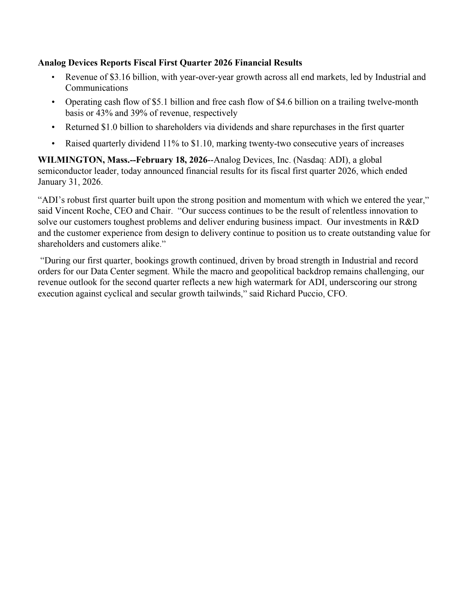 Analog Devices' Q1 2026 Press Release