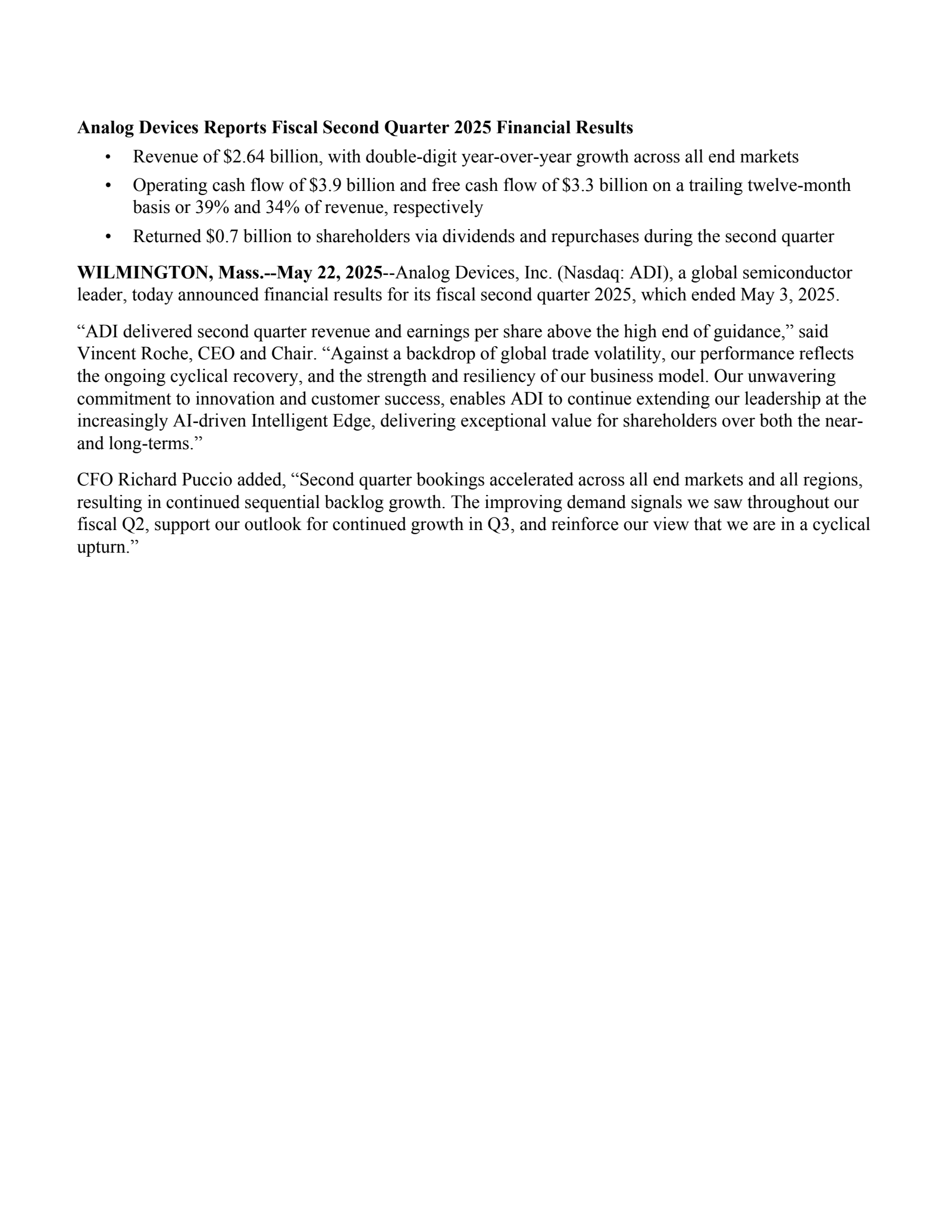 Analog Devices' Q2 2025 Press Release