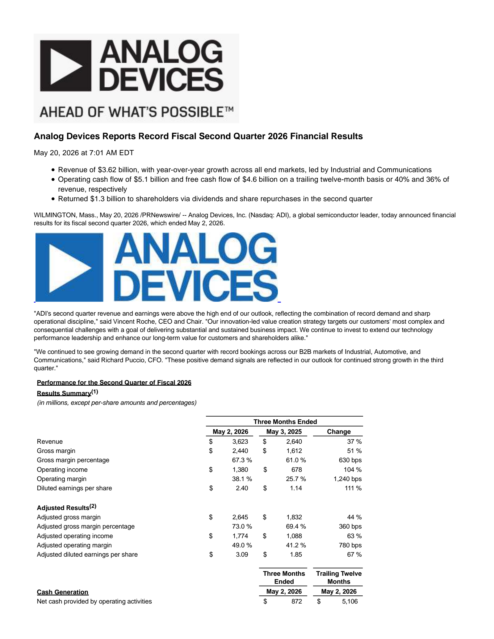 Analog Devices' Q2 2026 Press Release