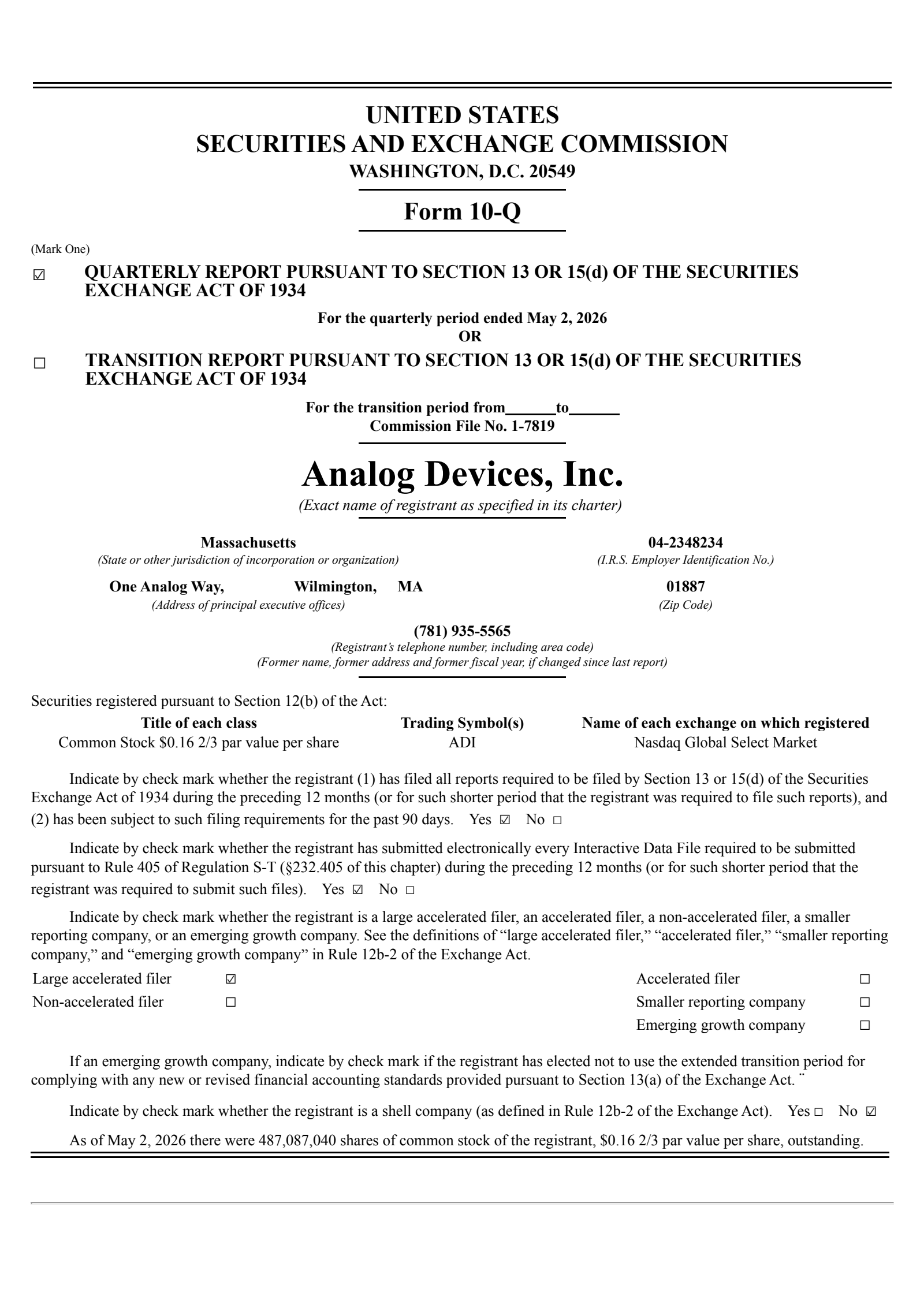Analog Devices' Q2 2026 Quarterly report