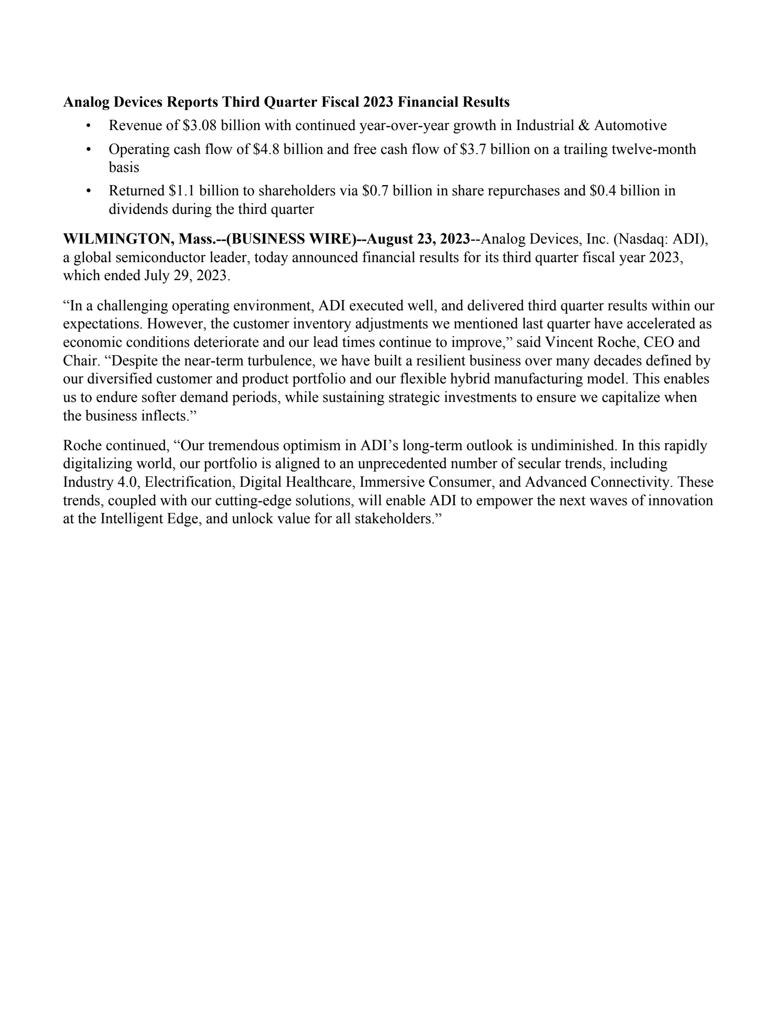 Analog Devices' Q3 2023 Earnings Release