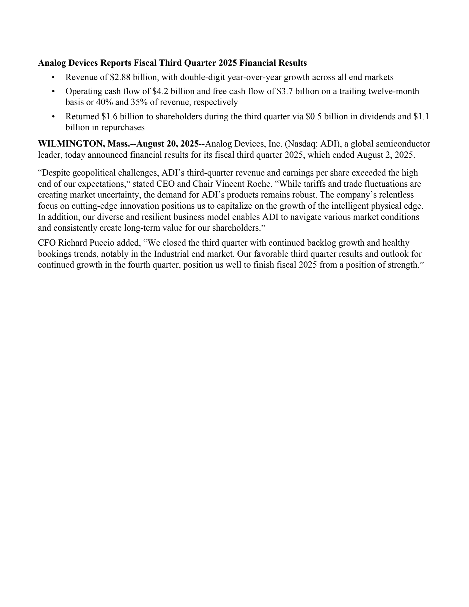 Analog Devices' Q3 2025 Earnings Release