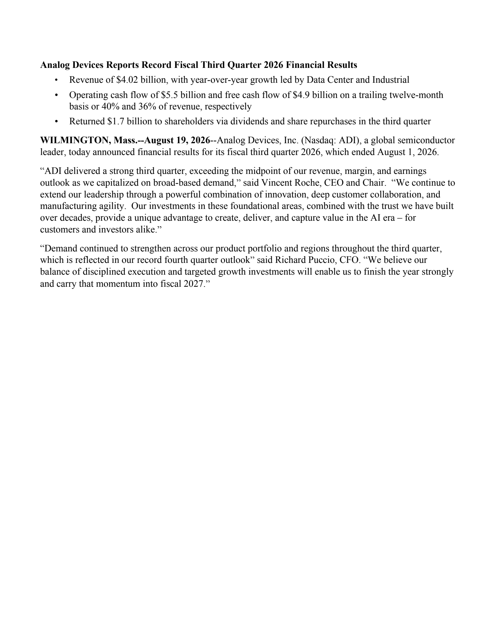 Analog Devices' Q3 2026 Press Release
