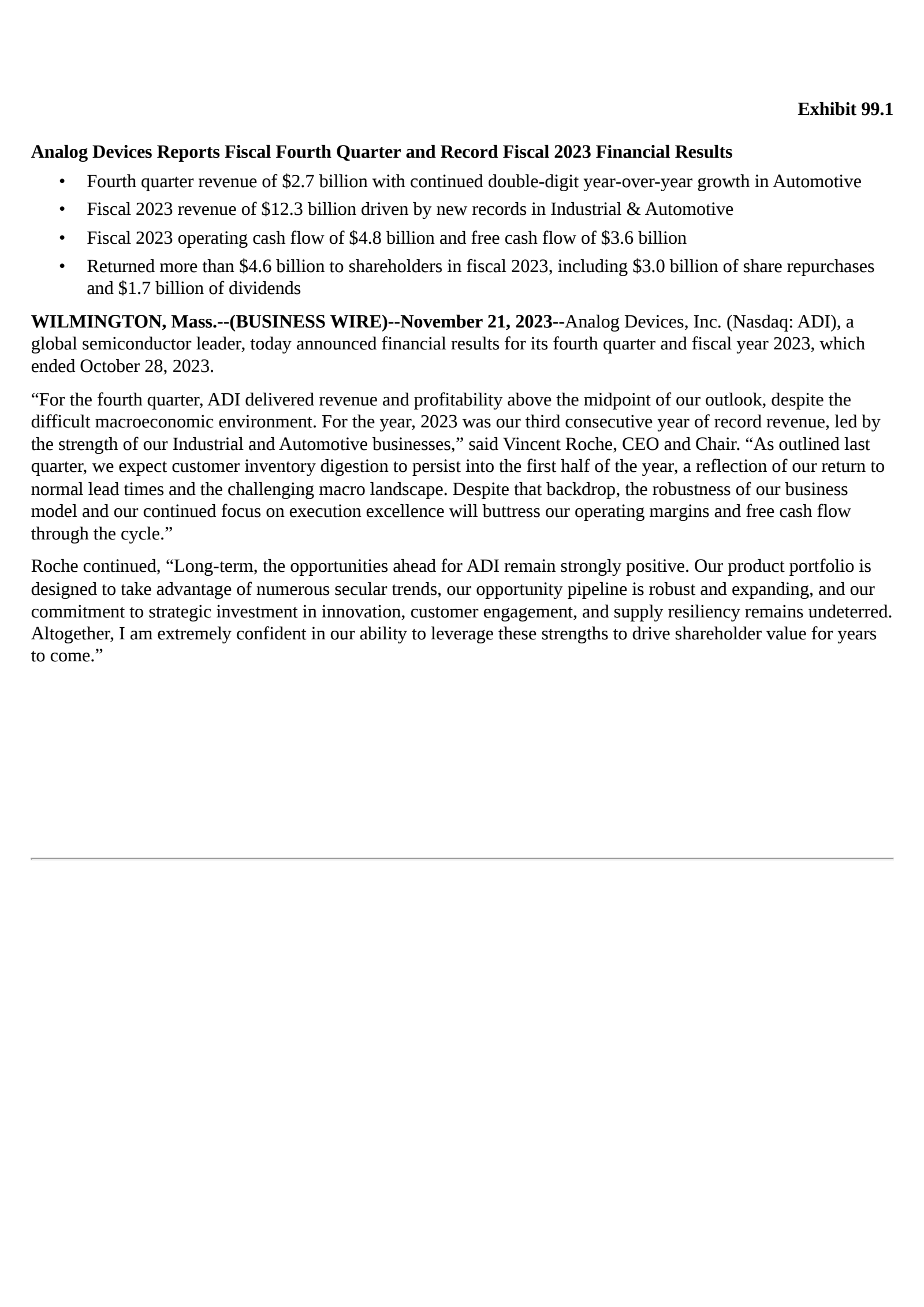 Analog Devices' Q4 2023 Press Release