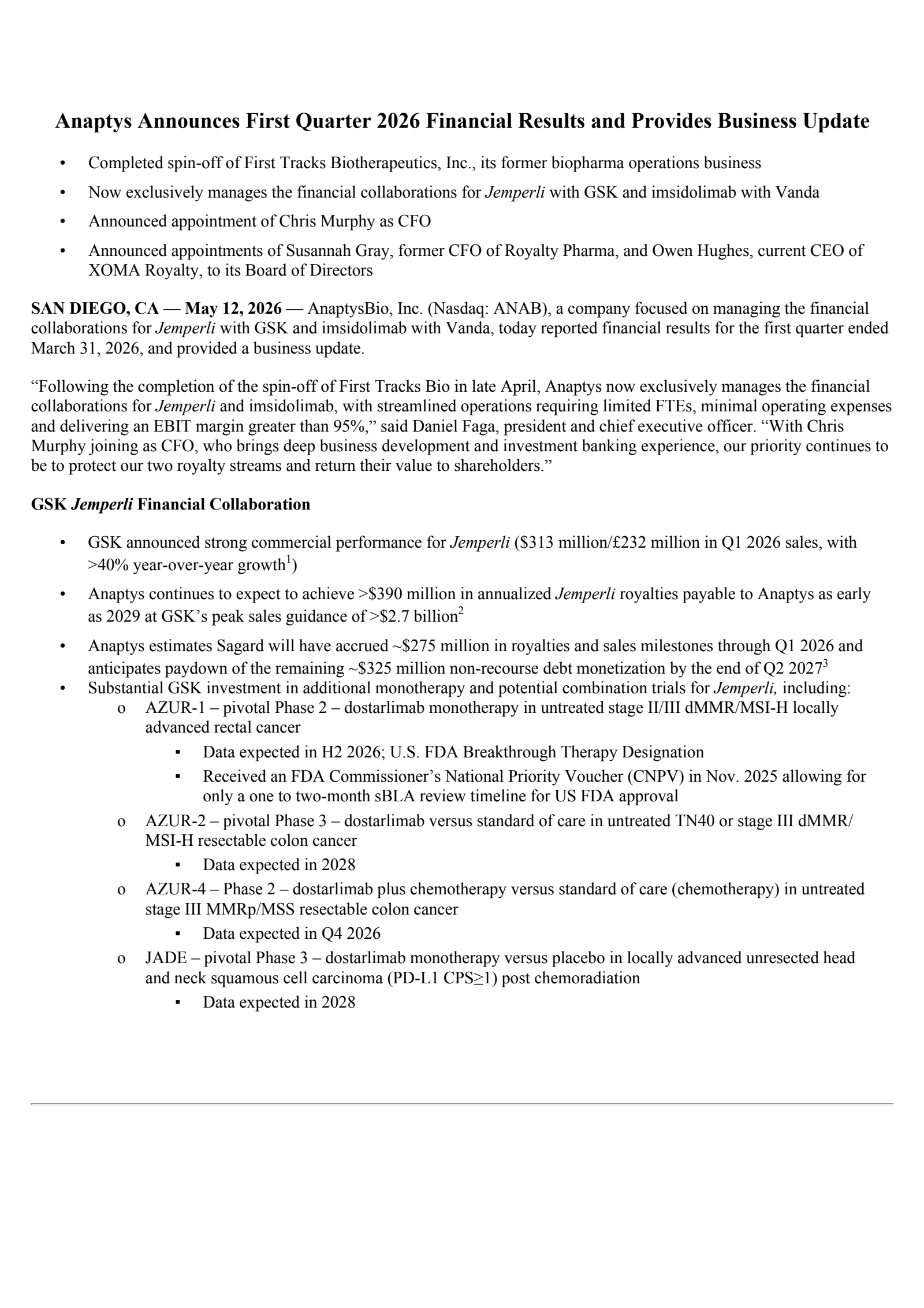 AnaptysBio's Q1 2026 Press Release