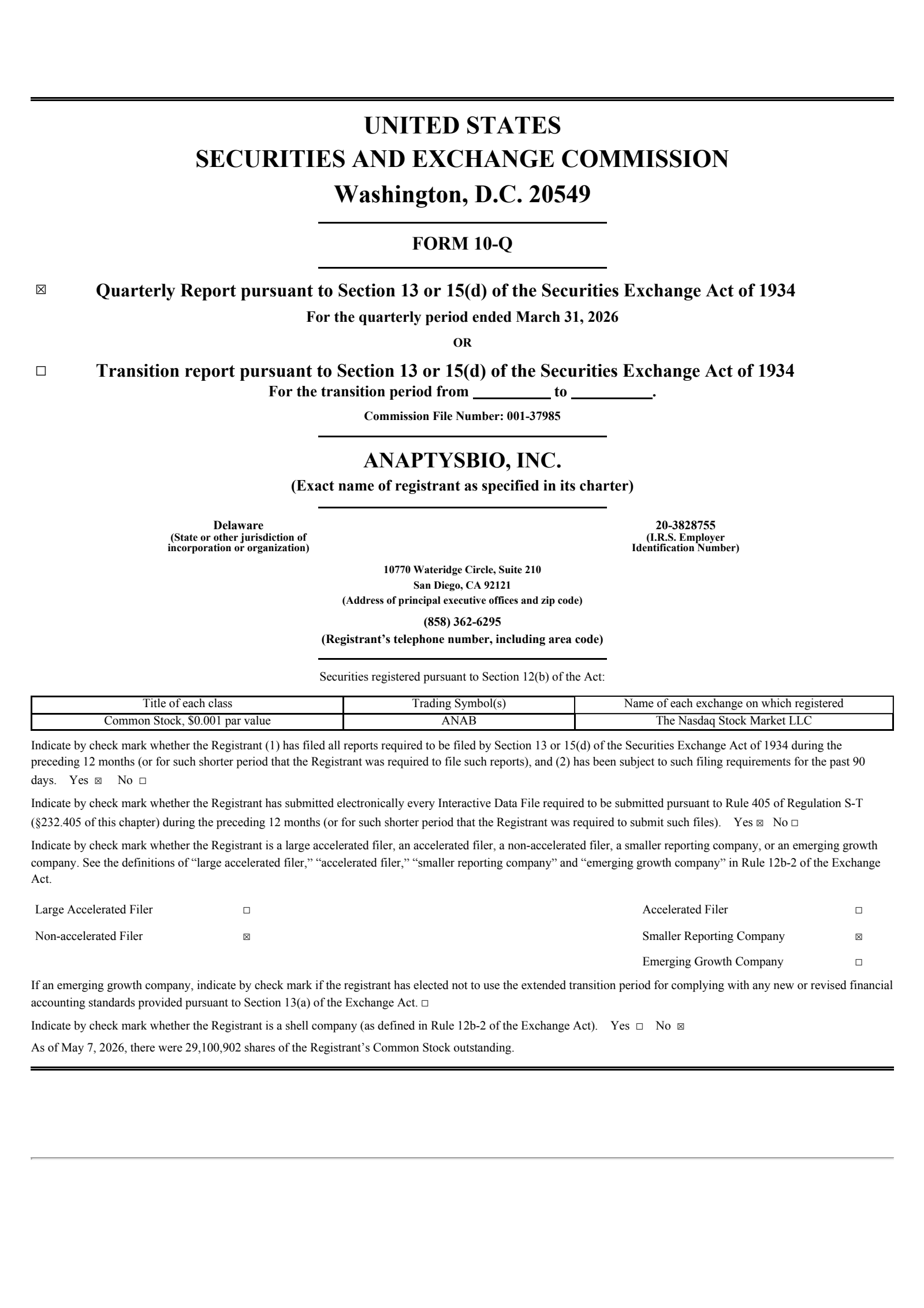 AnaptysBio's Q1 2026 Quarterly report