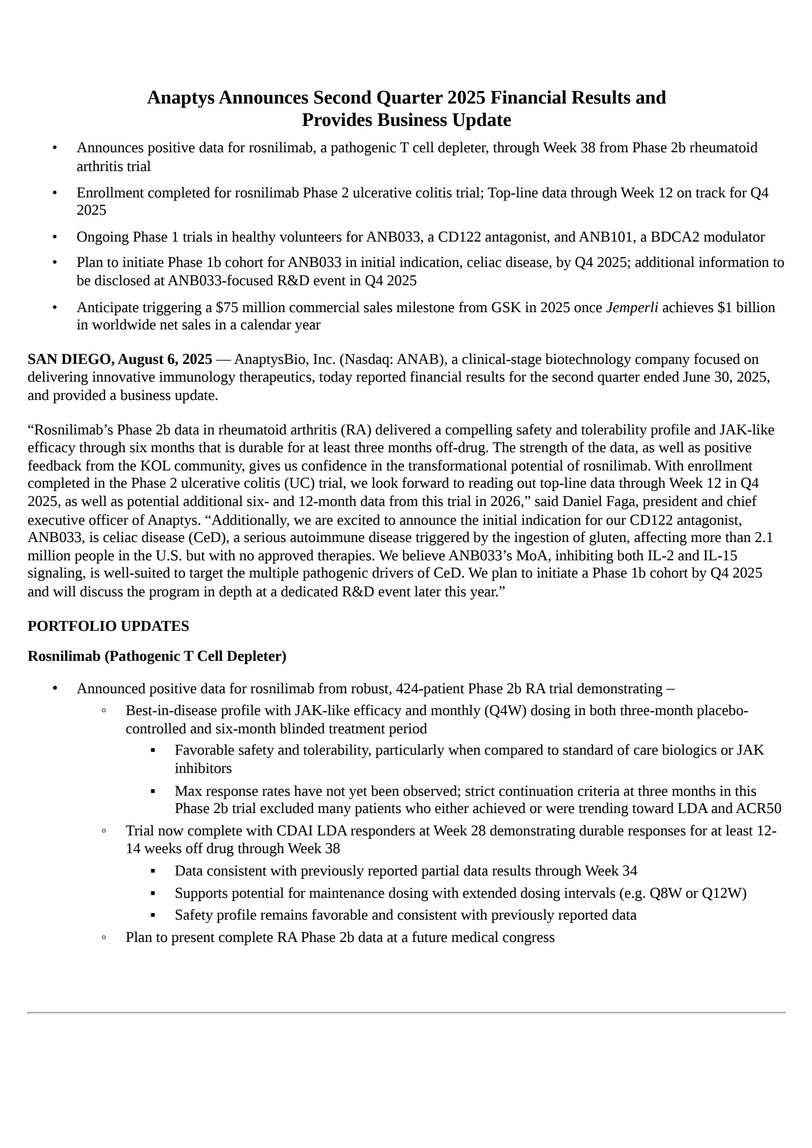 AnaptysBio's Q2 2025 Press Release