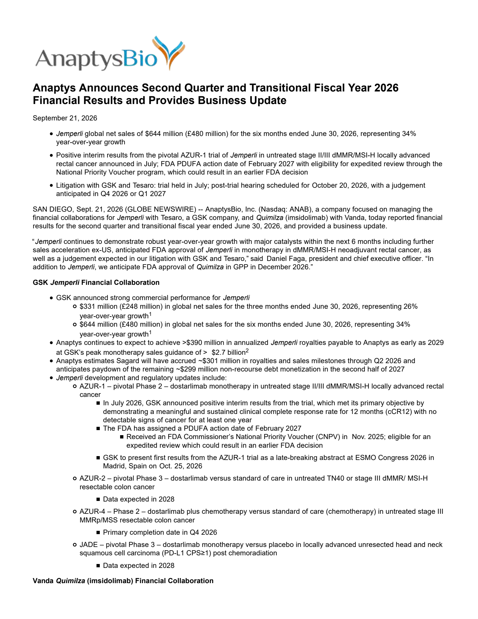 AnaptysBio's Q2 2026 Press Release