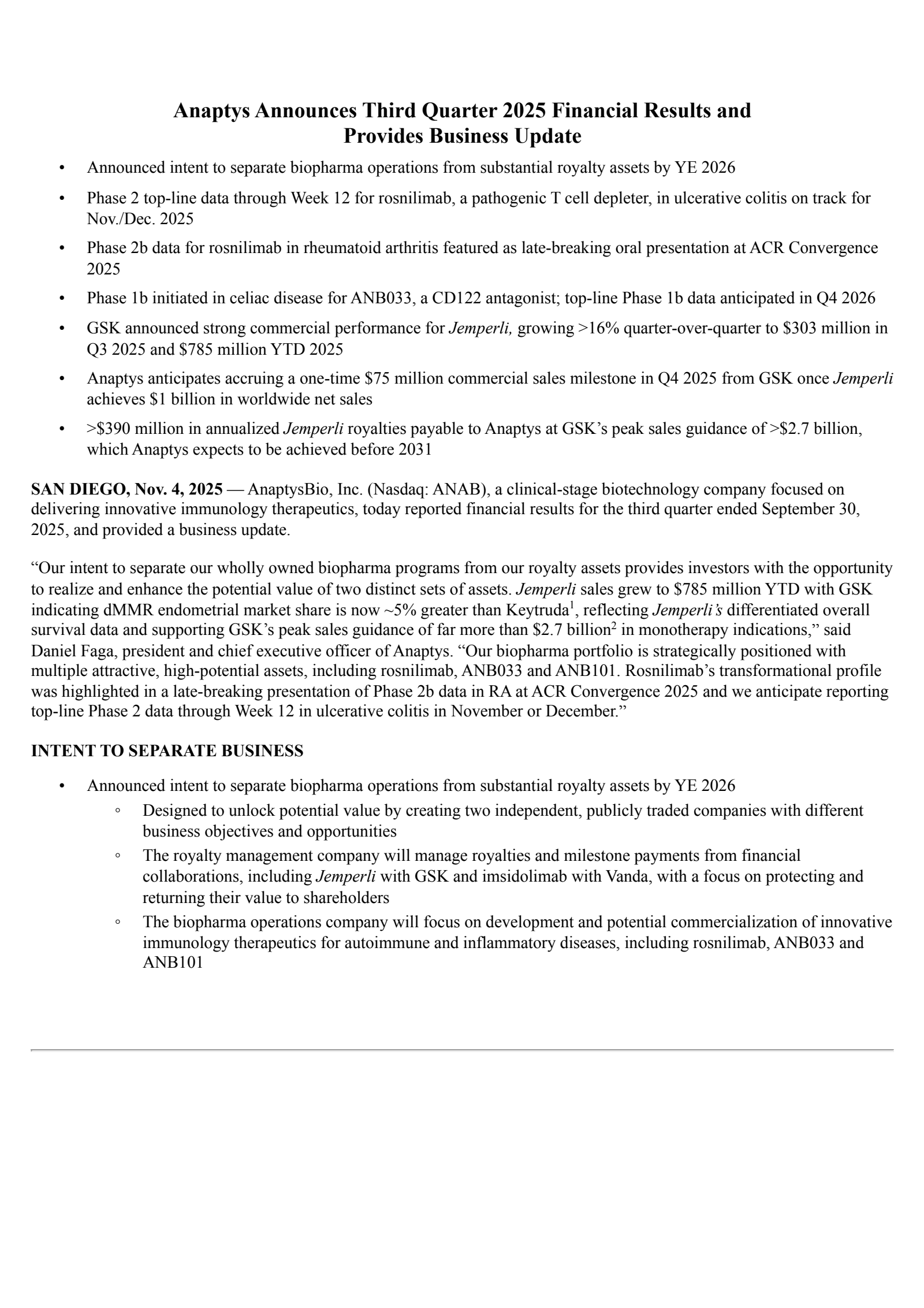 AnaptysBio's Q3 2025 Earnings Release