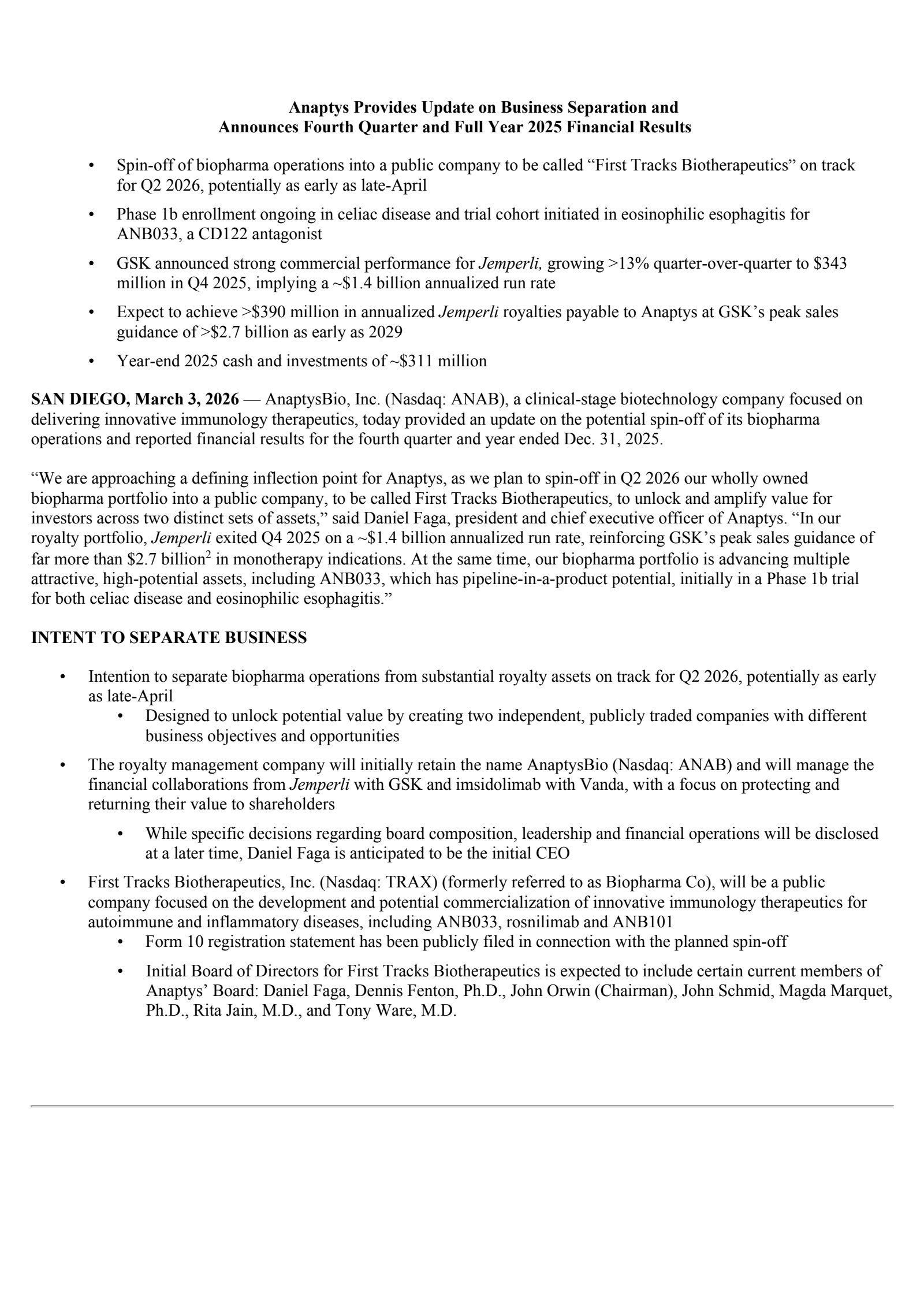 AnaptysBio's Q4 2025 Press Release