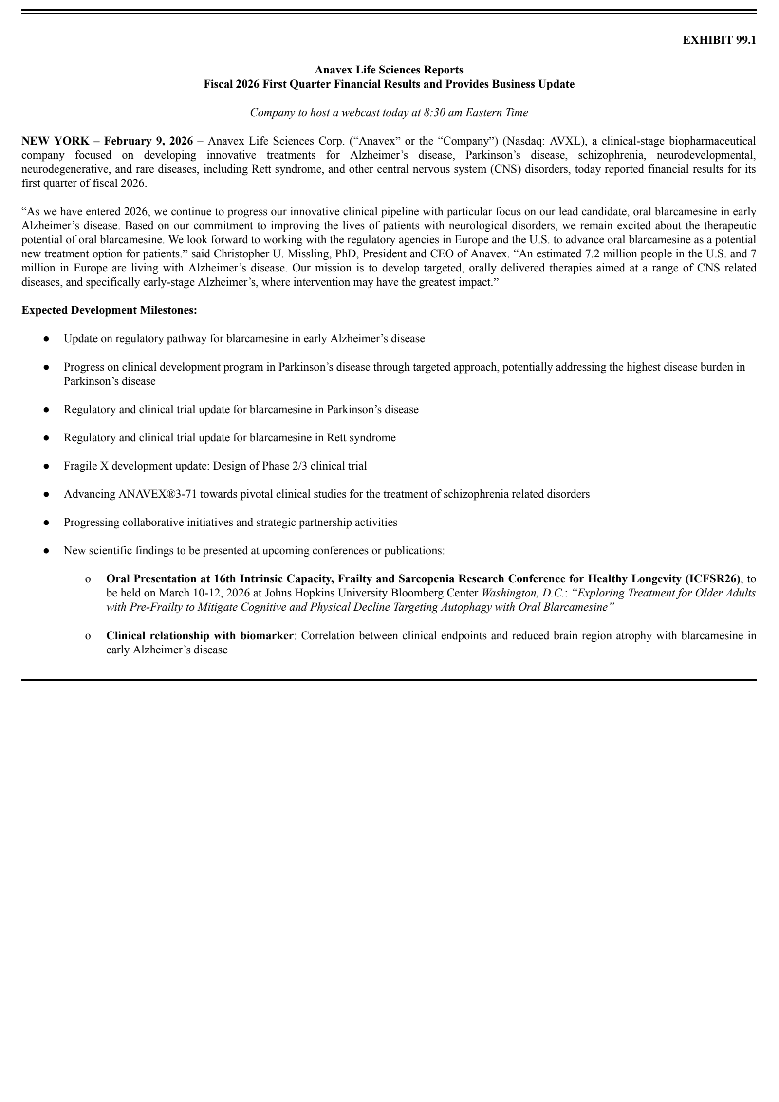 Anavex Life Sciences' Q1 2026 Press Release