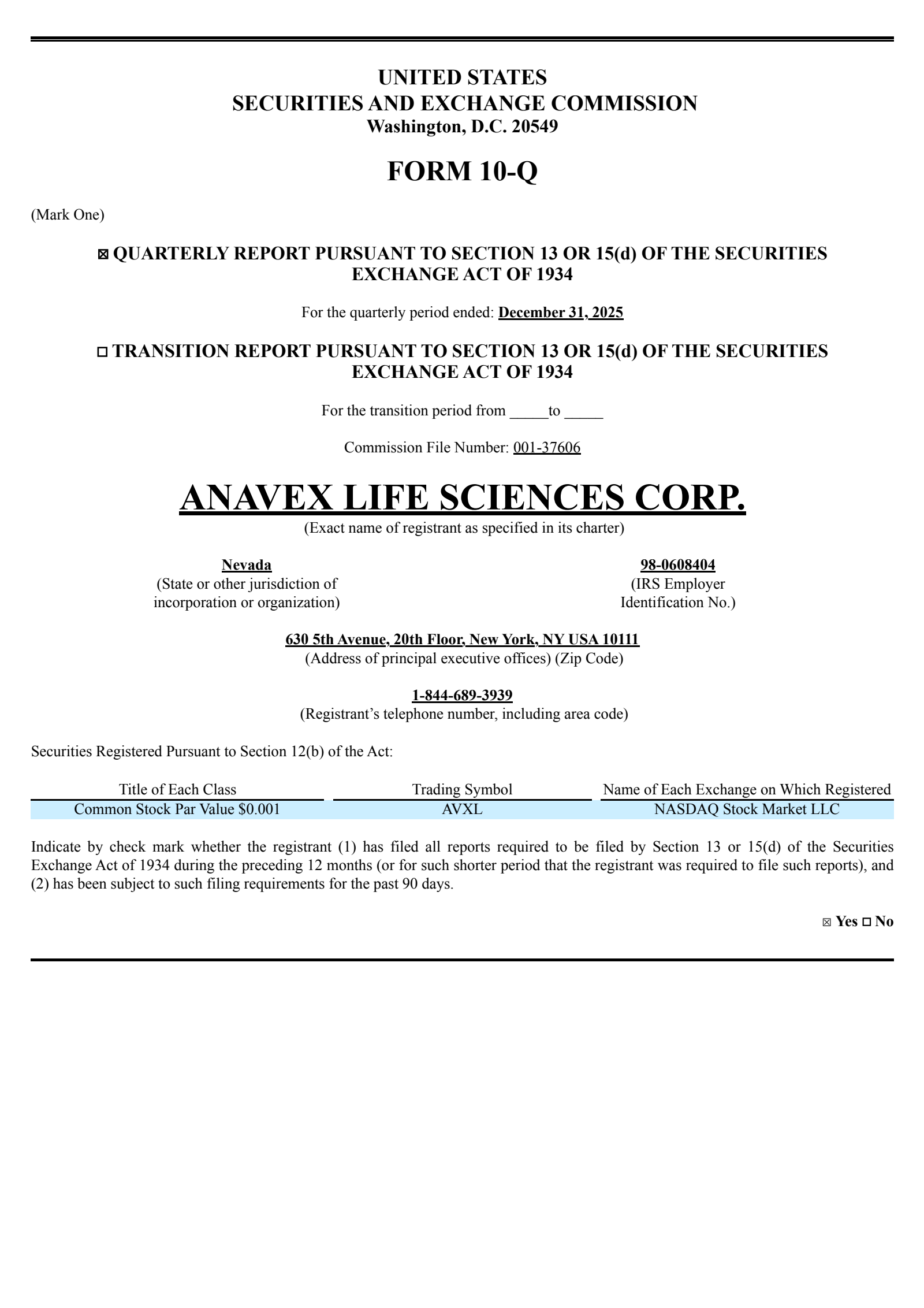 Anavex Life Sciences' Q1 2026 Quarterly report