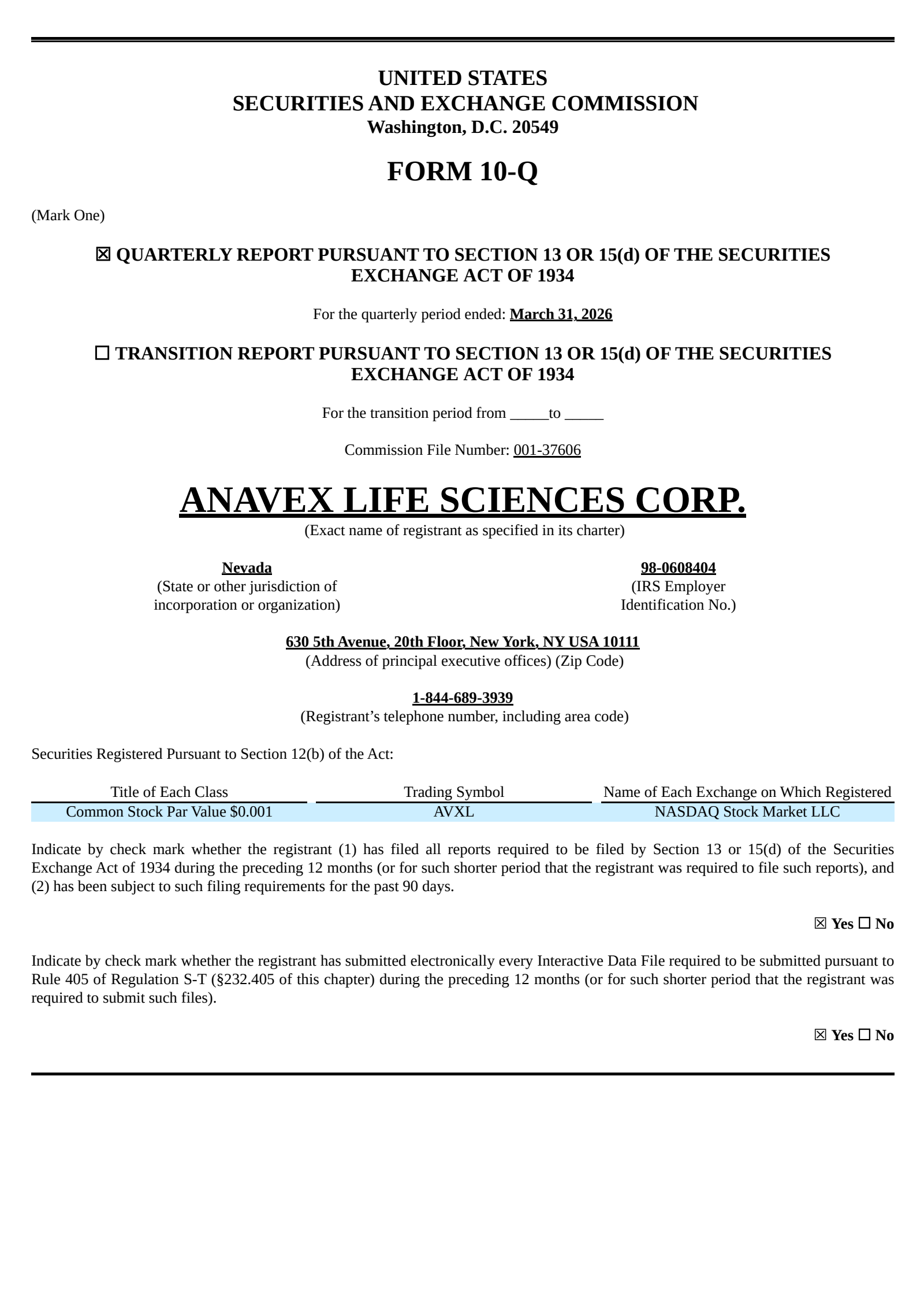 Anavex Life Sciences' Q2 2026 Quarterly report