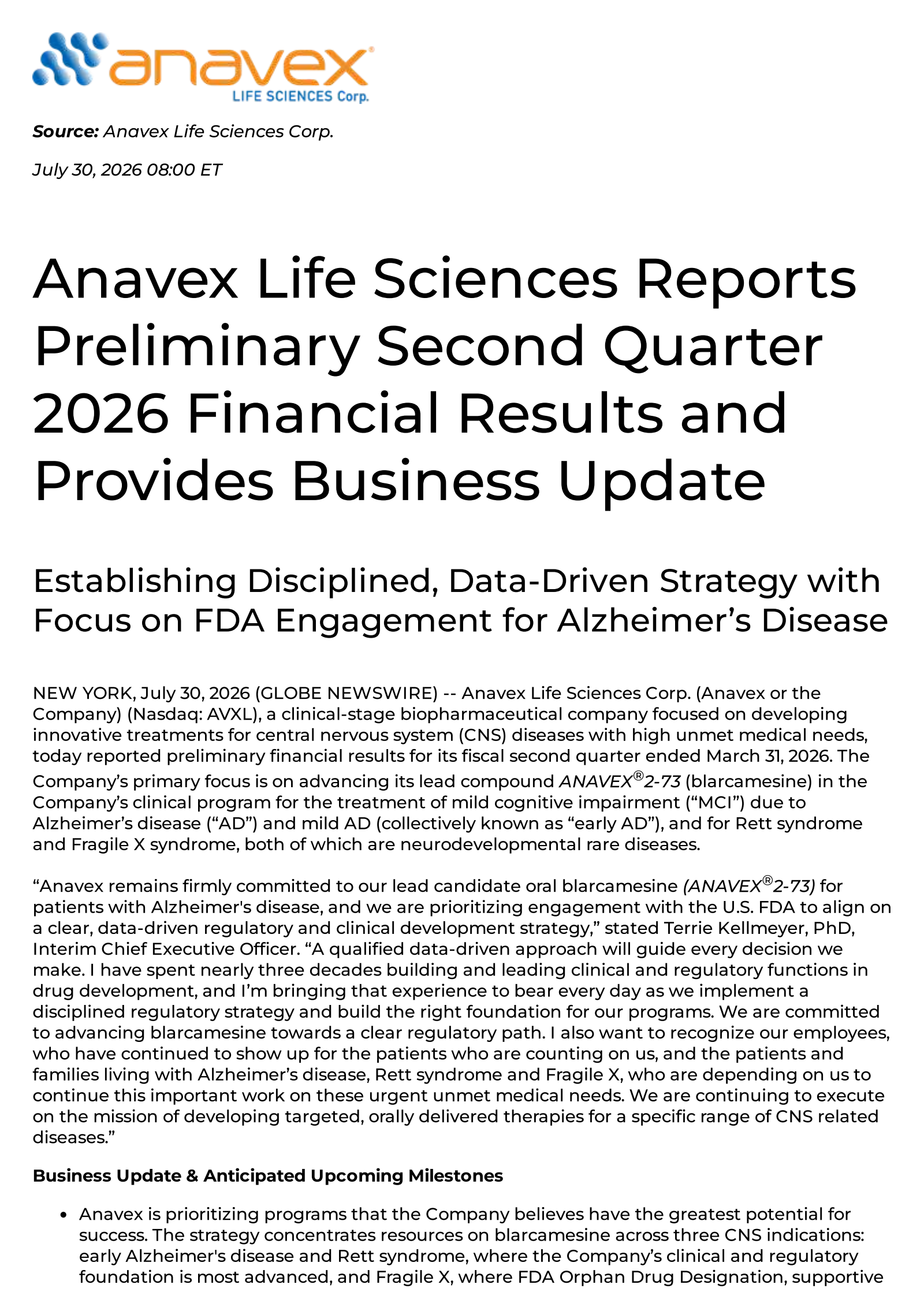 Anavex Life Sciences' Q2 2026 Press Release