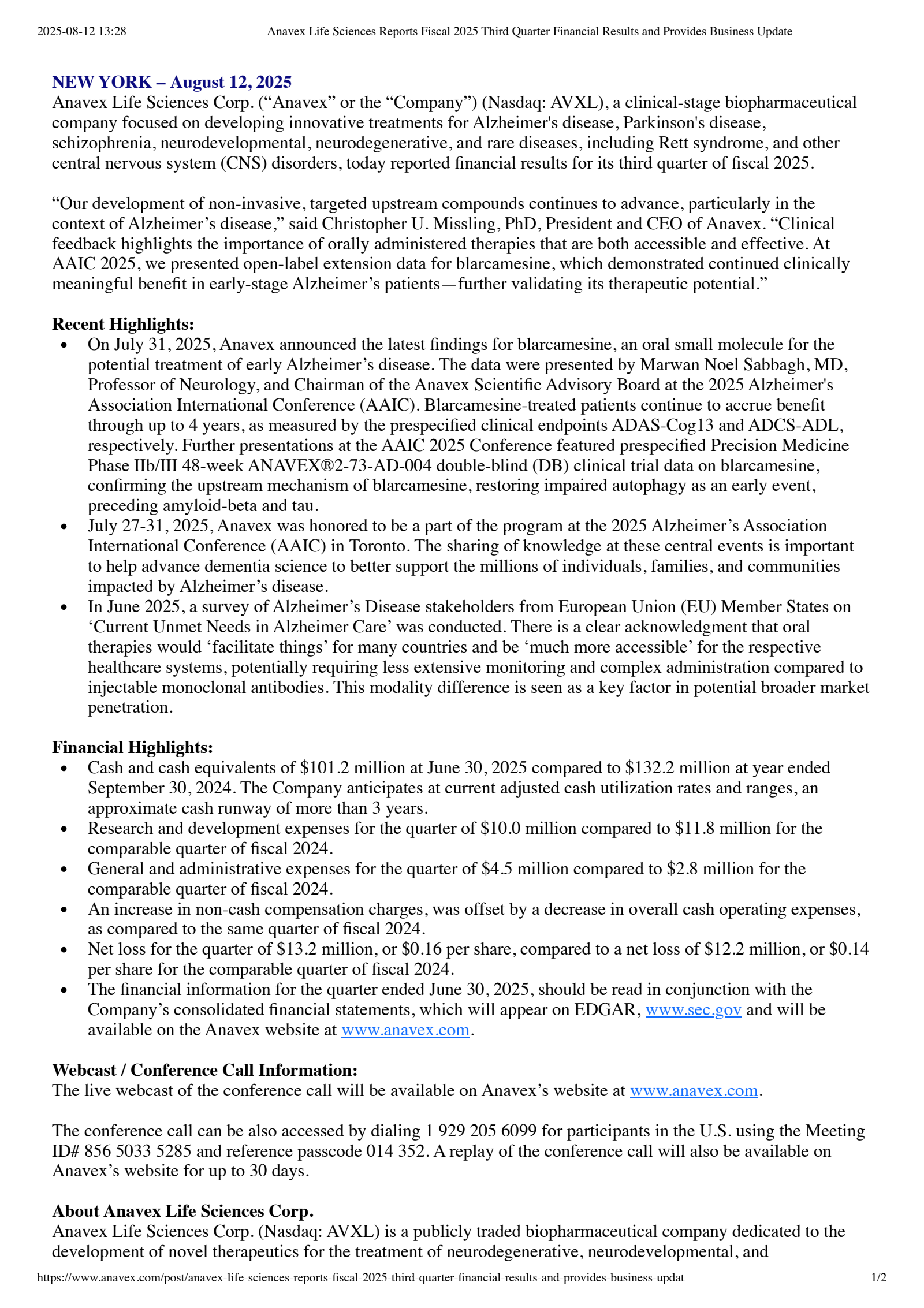 Anavex Life Sciences' Q3 2025 Press Release
