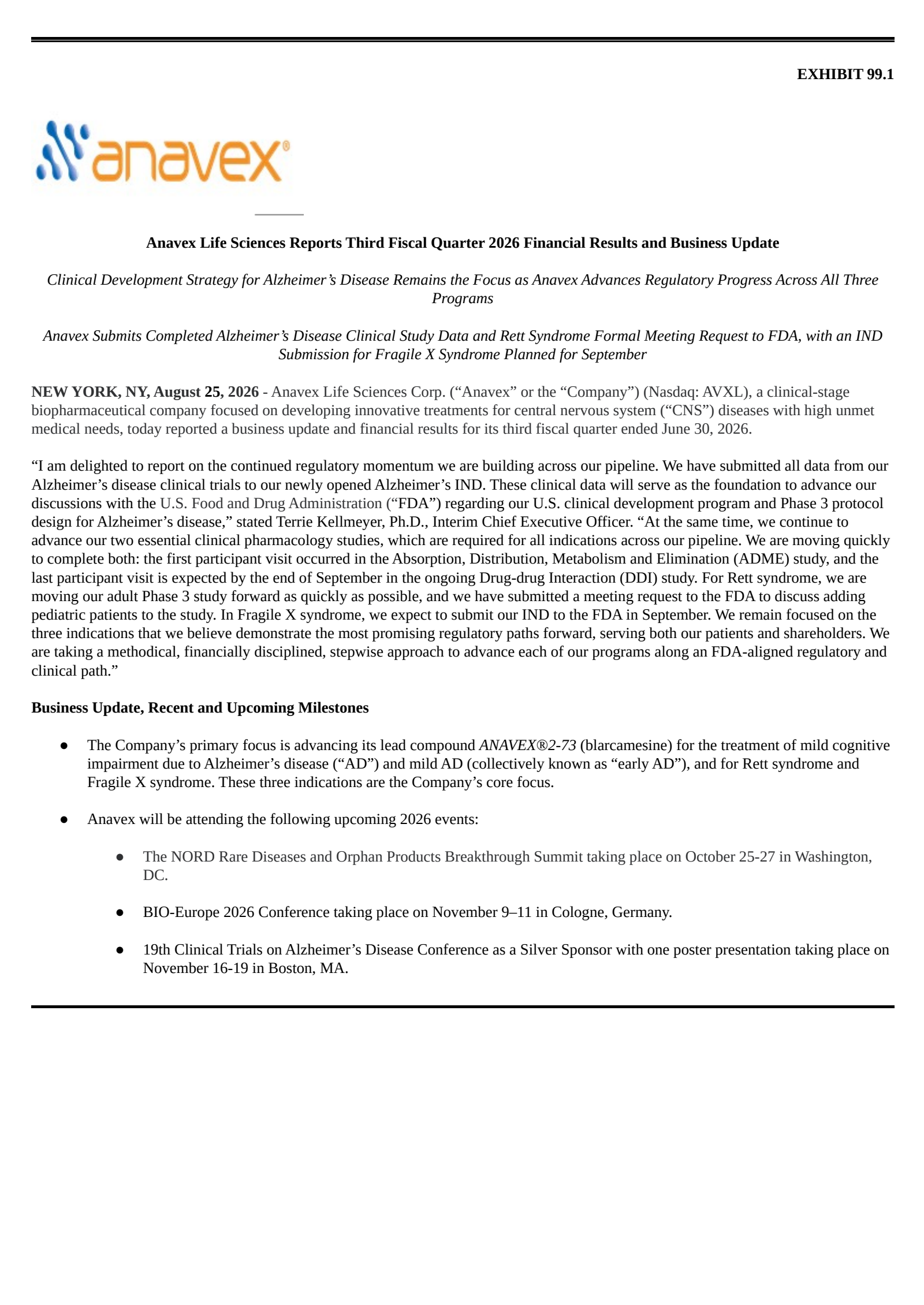 Anavex Life Sciences' Q3 2026 Press Release