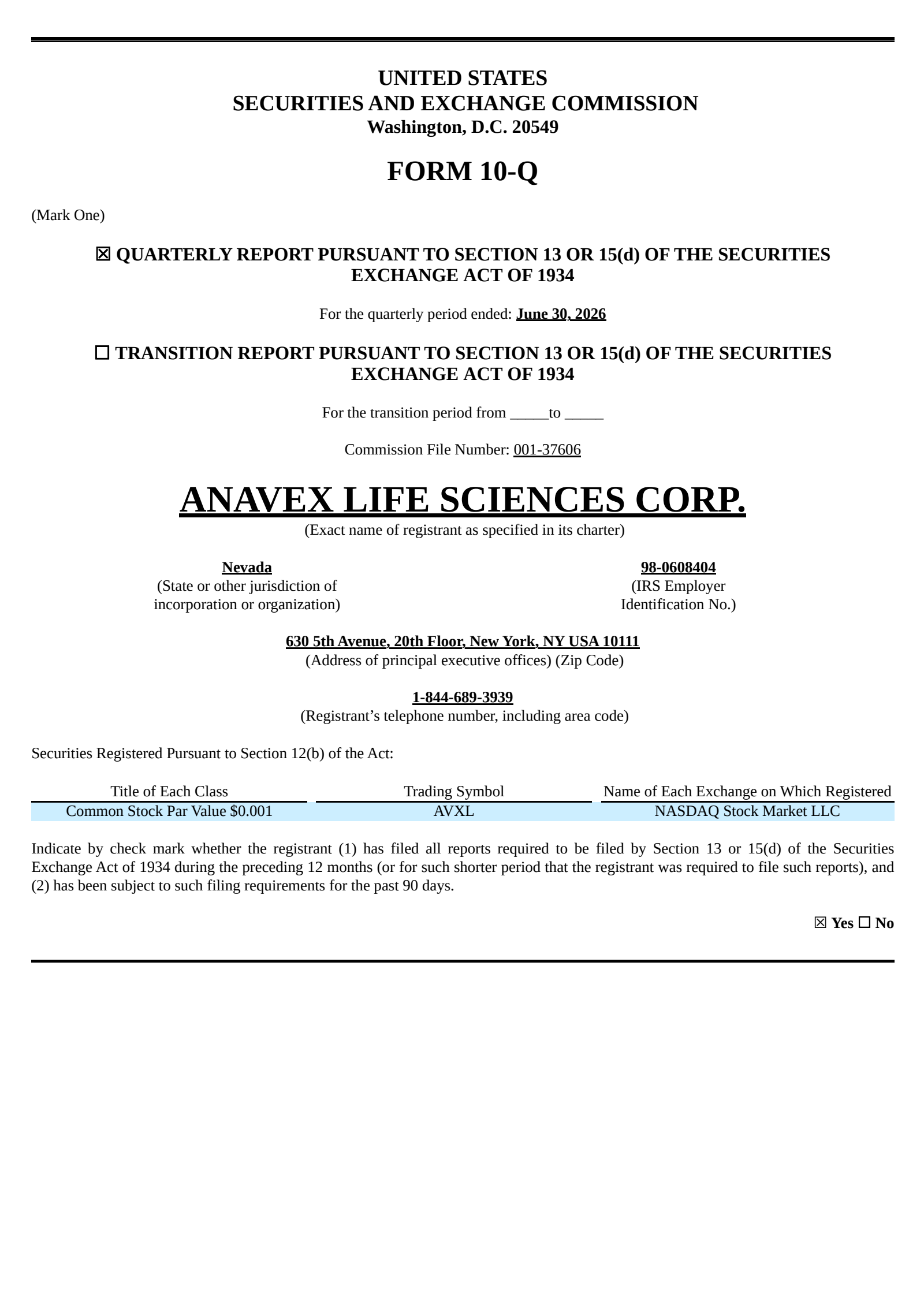 Anavex Life Sciences' Q3 2026 Quarterly report