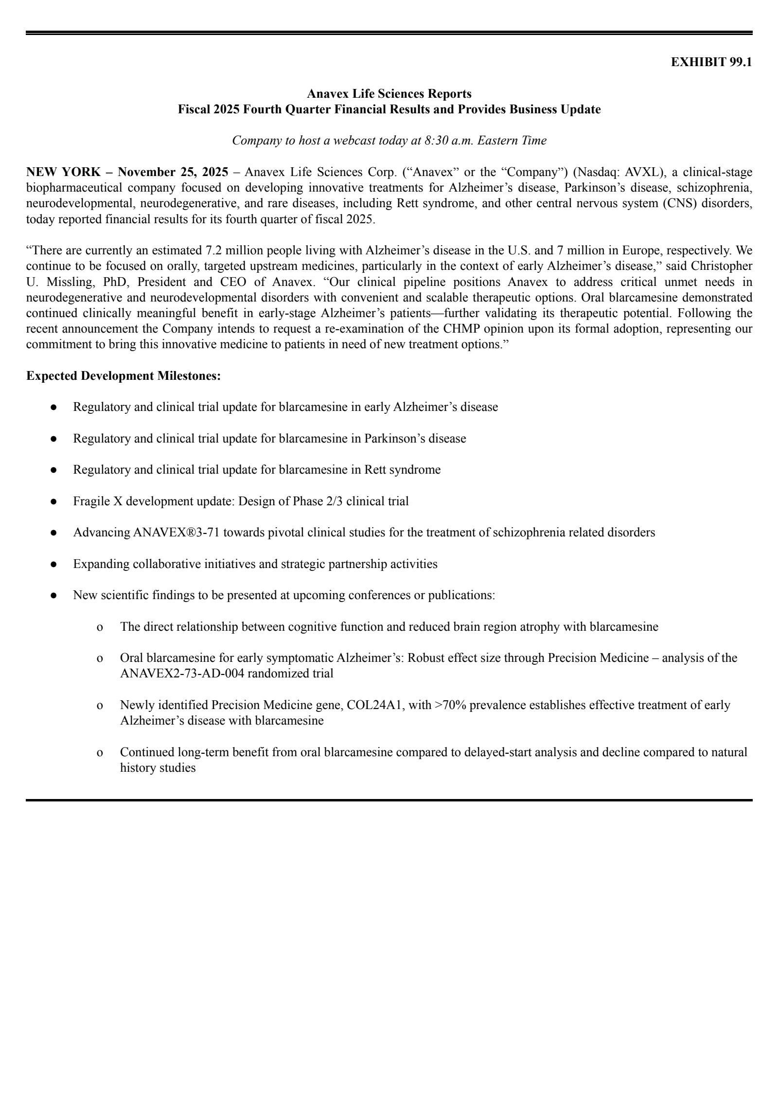 Anavex Life Sciences' Q4 2025 Earnings Release