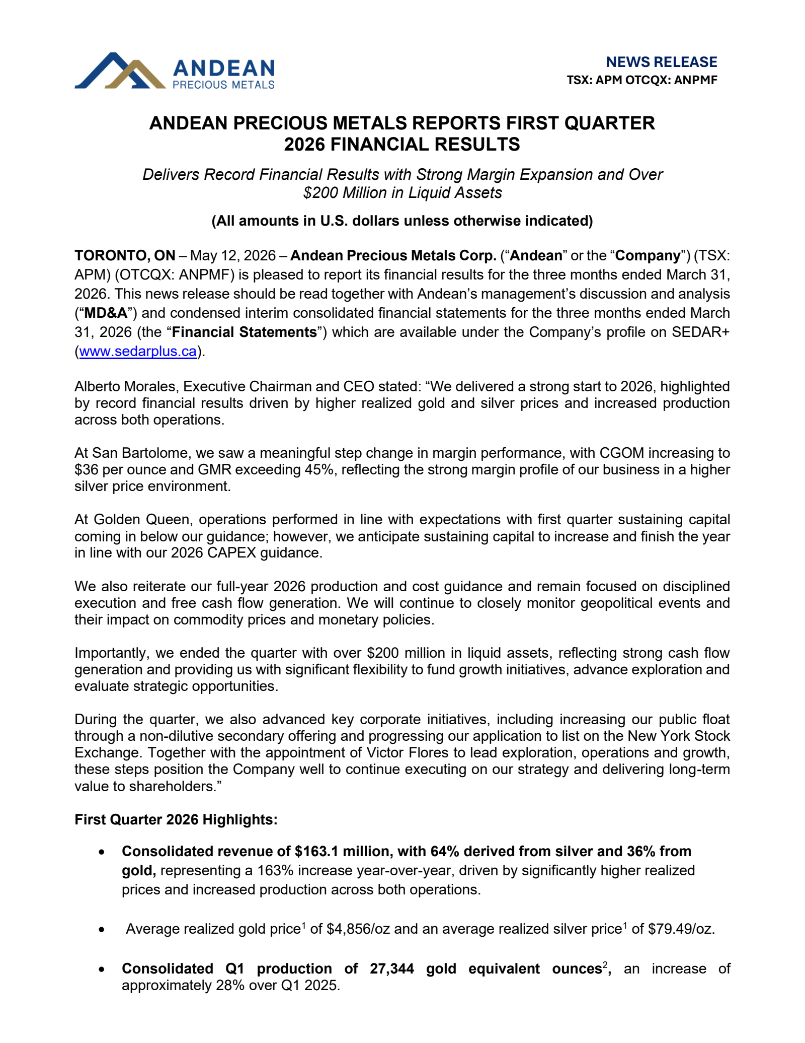 Andean Precious Metals' Q1 2026 Press Release