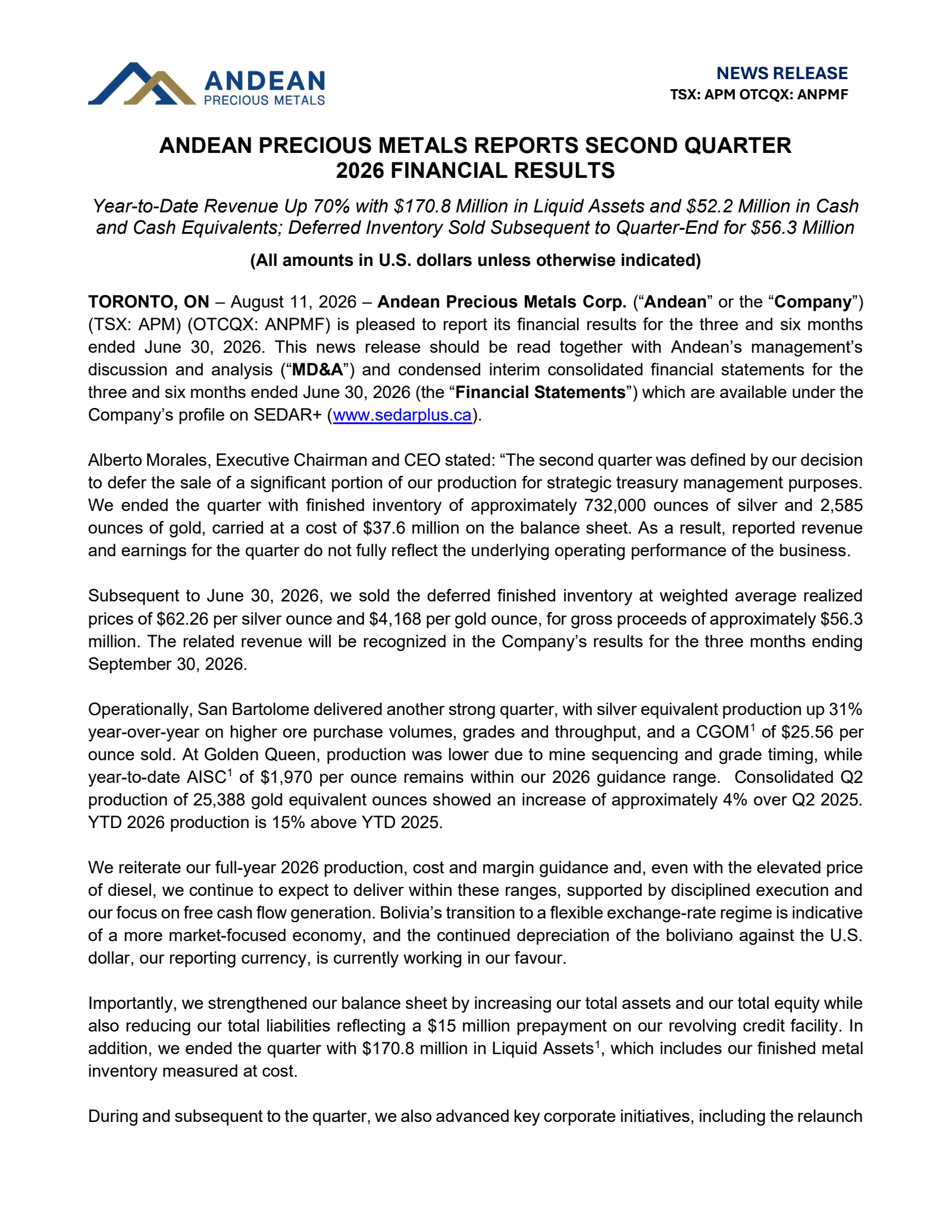 Andean Precious Metals' Q2 2026 Press Release
