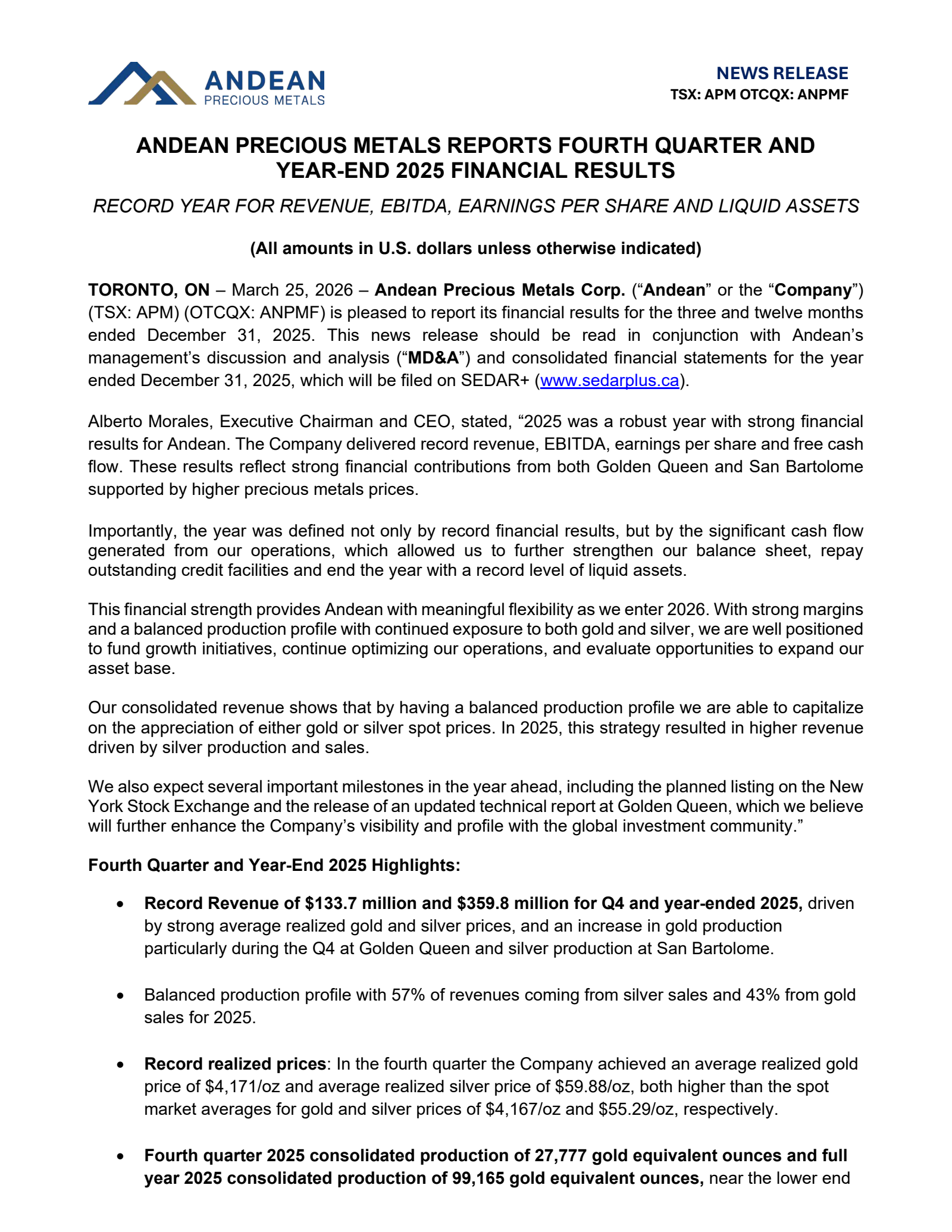 Andean Precious Metals' Q4 2025 Press Release