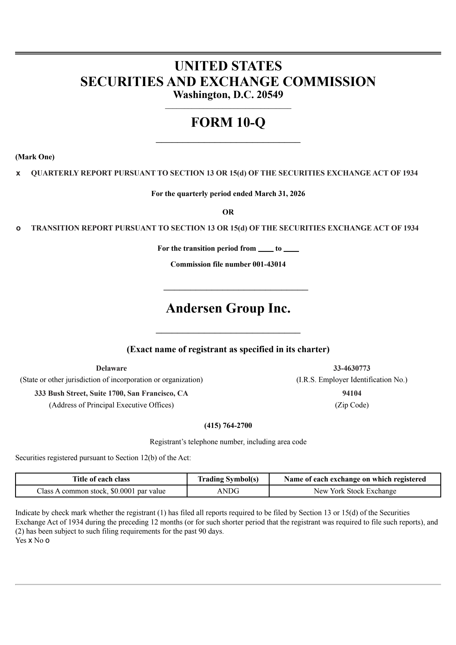 Andersen Group's Q1 2026 Quarterly report
