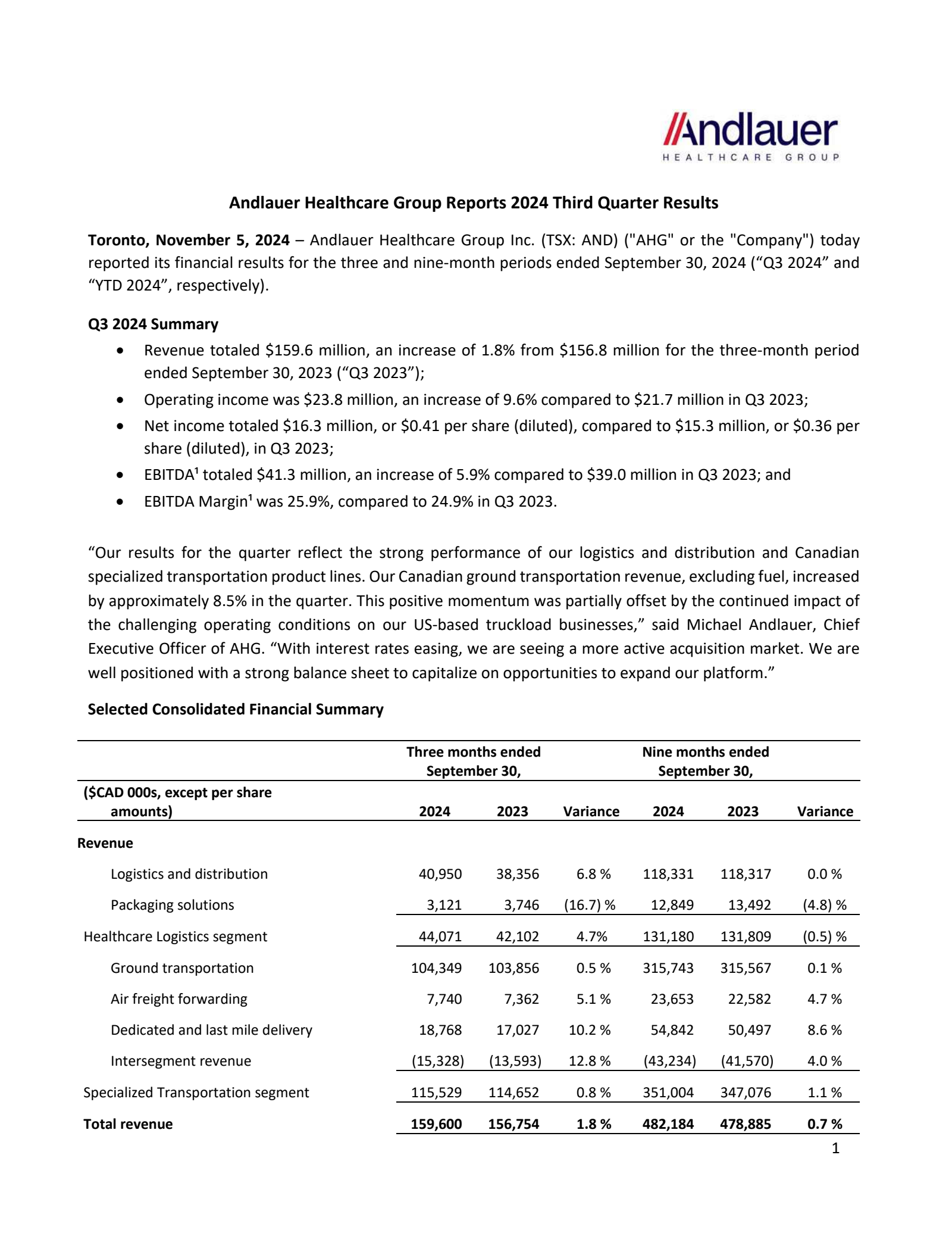 Andlauer Healthcare Group's Q3 2024 Press Release