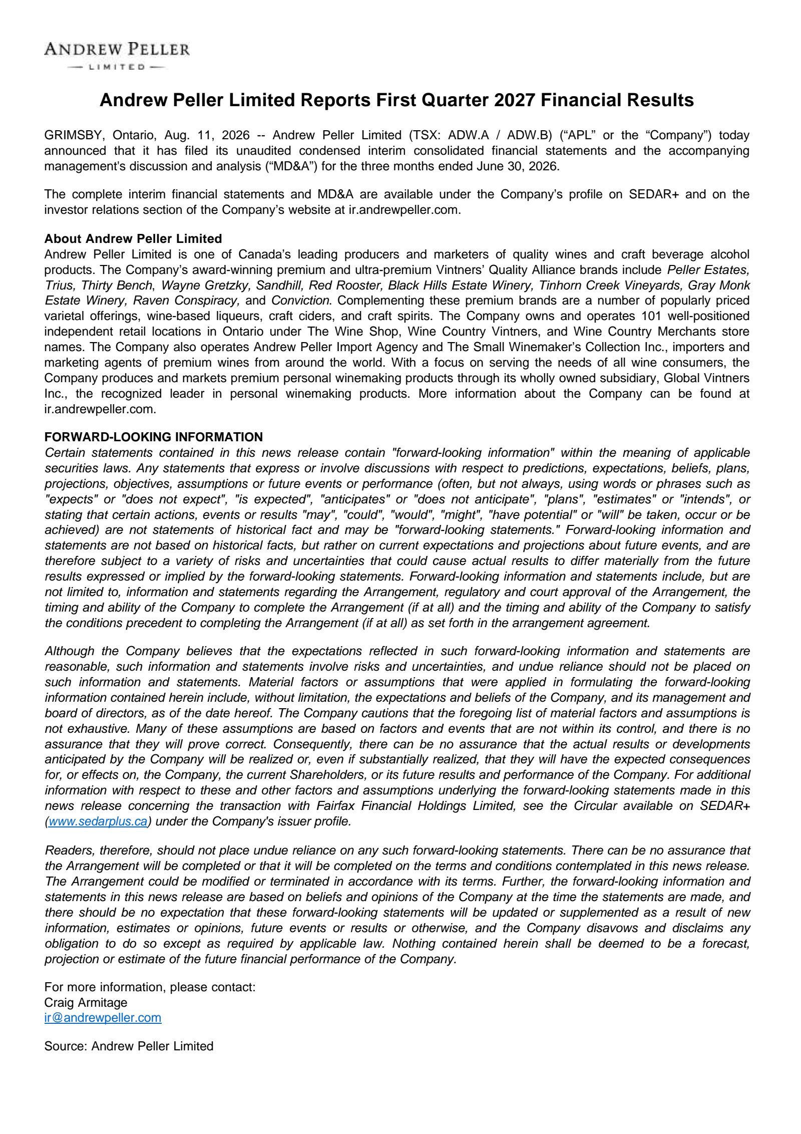 Andrew Peller's Q1 2027 Press Release
