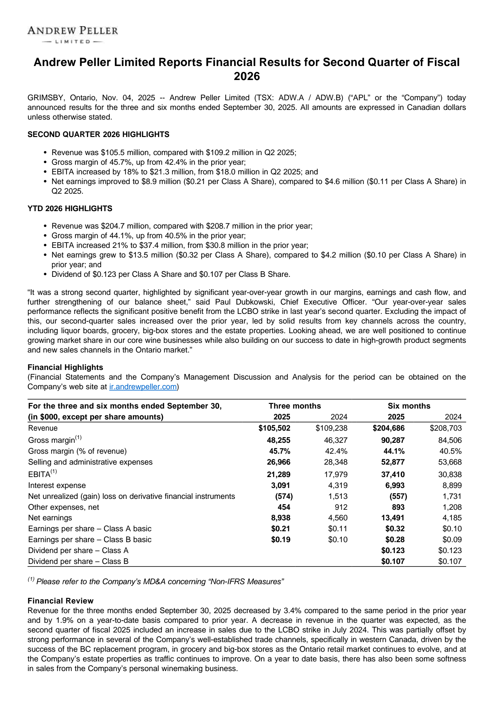 Andrew Peller's Q2 2026 Earnings Release
