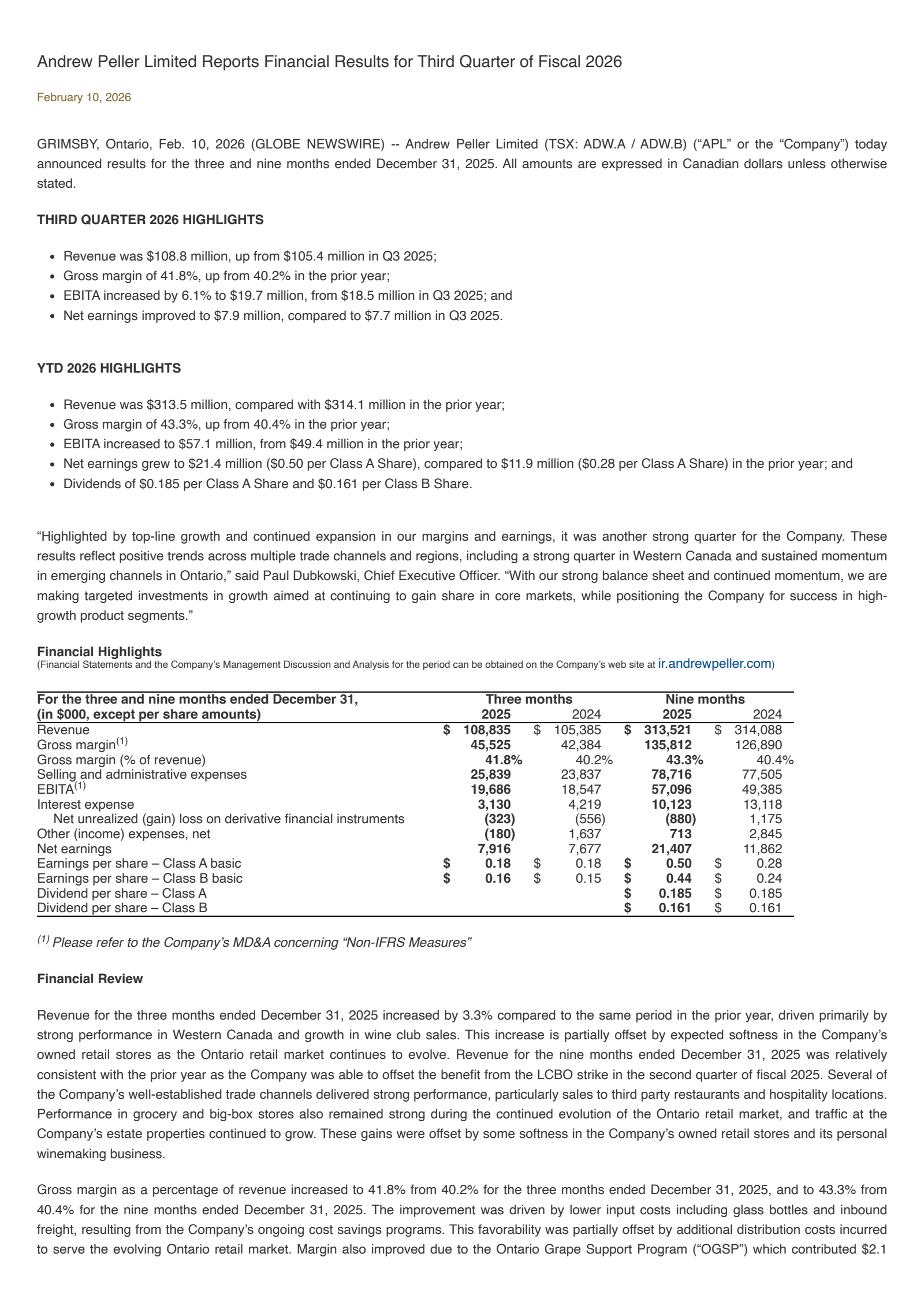 Andrew Peller's Q3 2026 Press Release