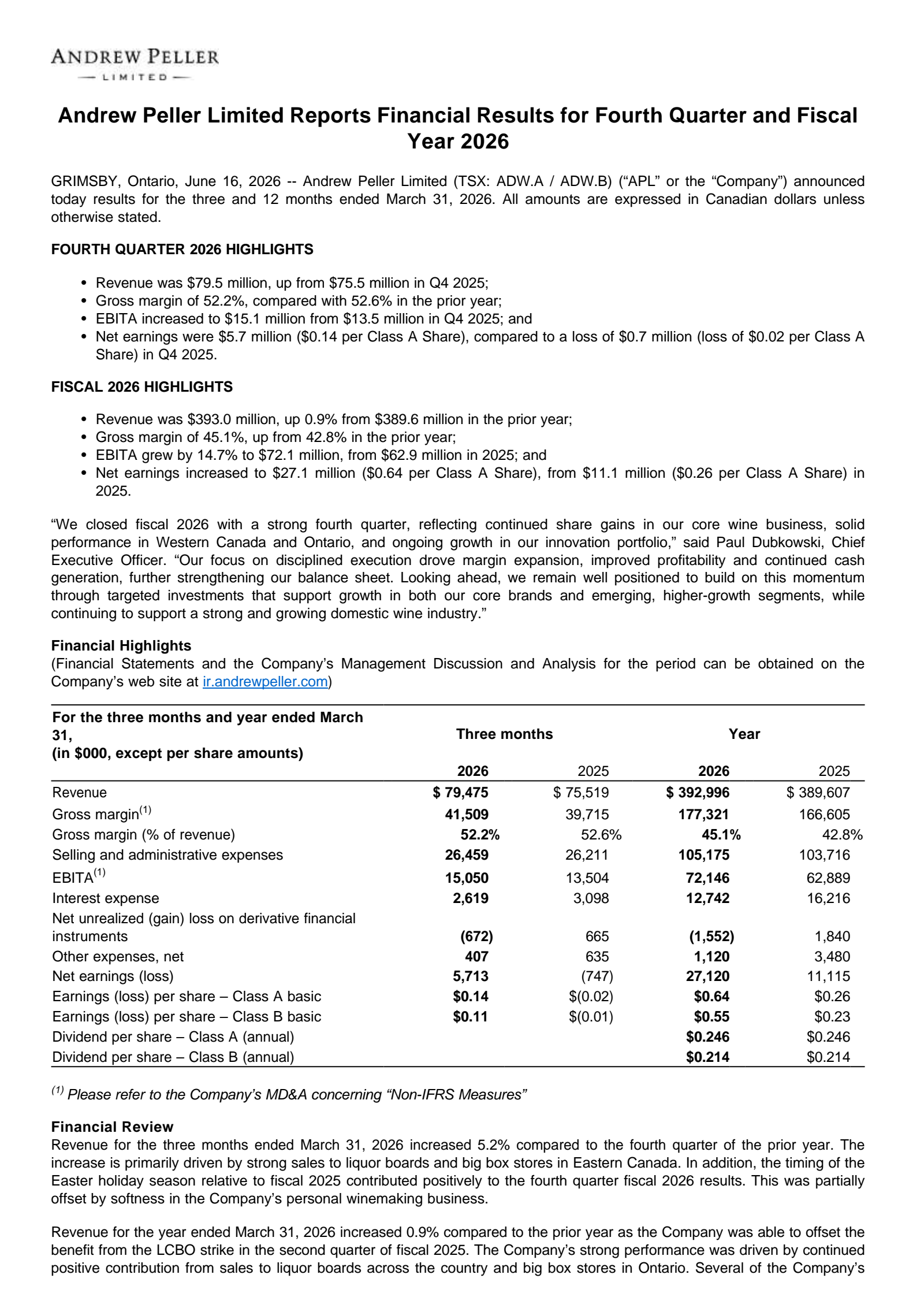 Andrew Peller's Q4 2026 Press Release