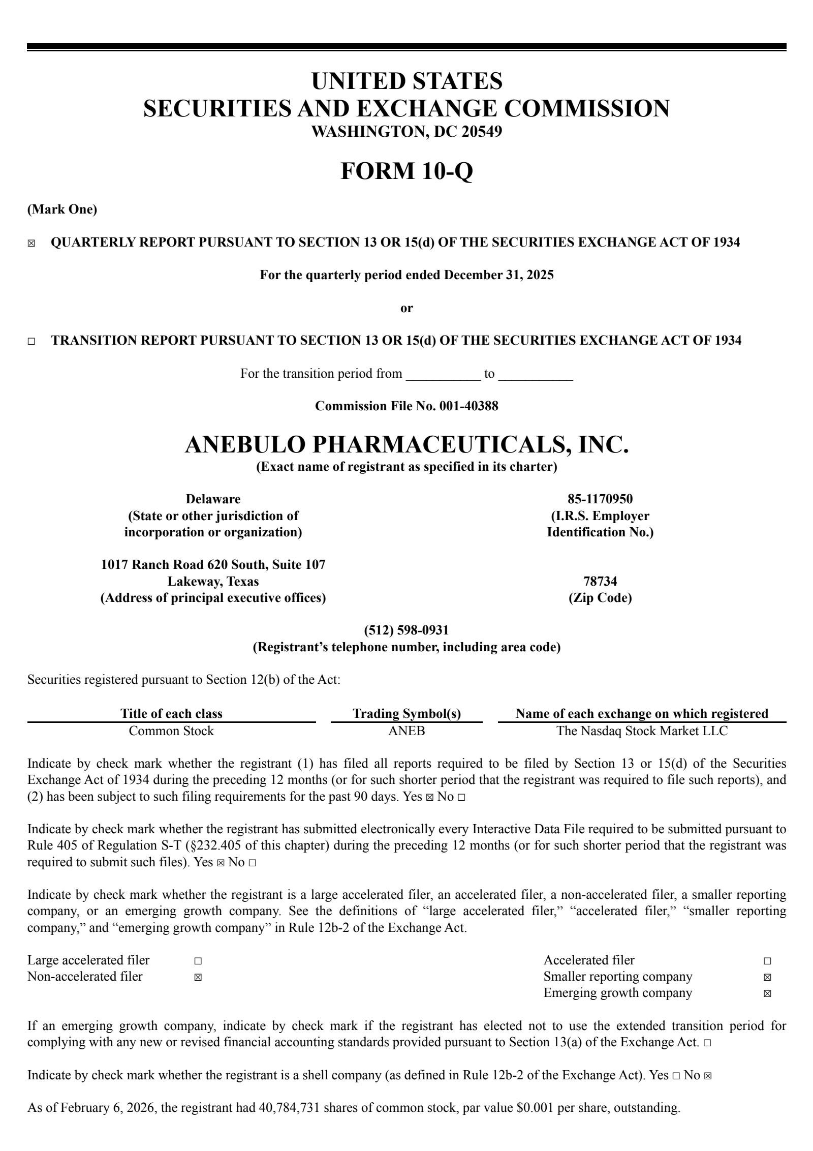 Anebulo Pharmaceuticals' Q2 2026 Quarterly report