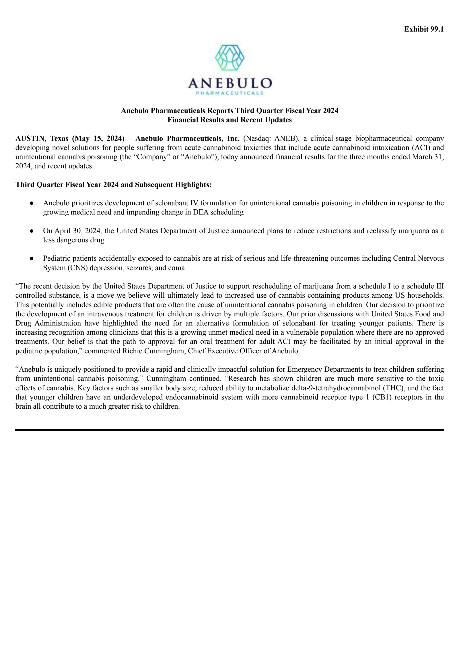 Anebulo Pharmaceuticals' Q3 2024 Press Release