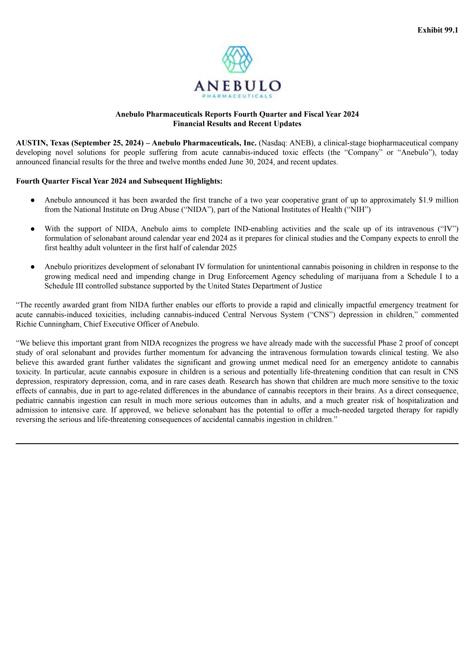 Anebulo Pharmaceuticals' Q4 2024 Press Release