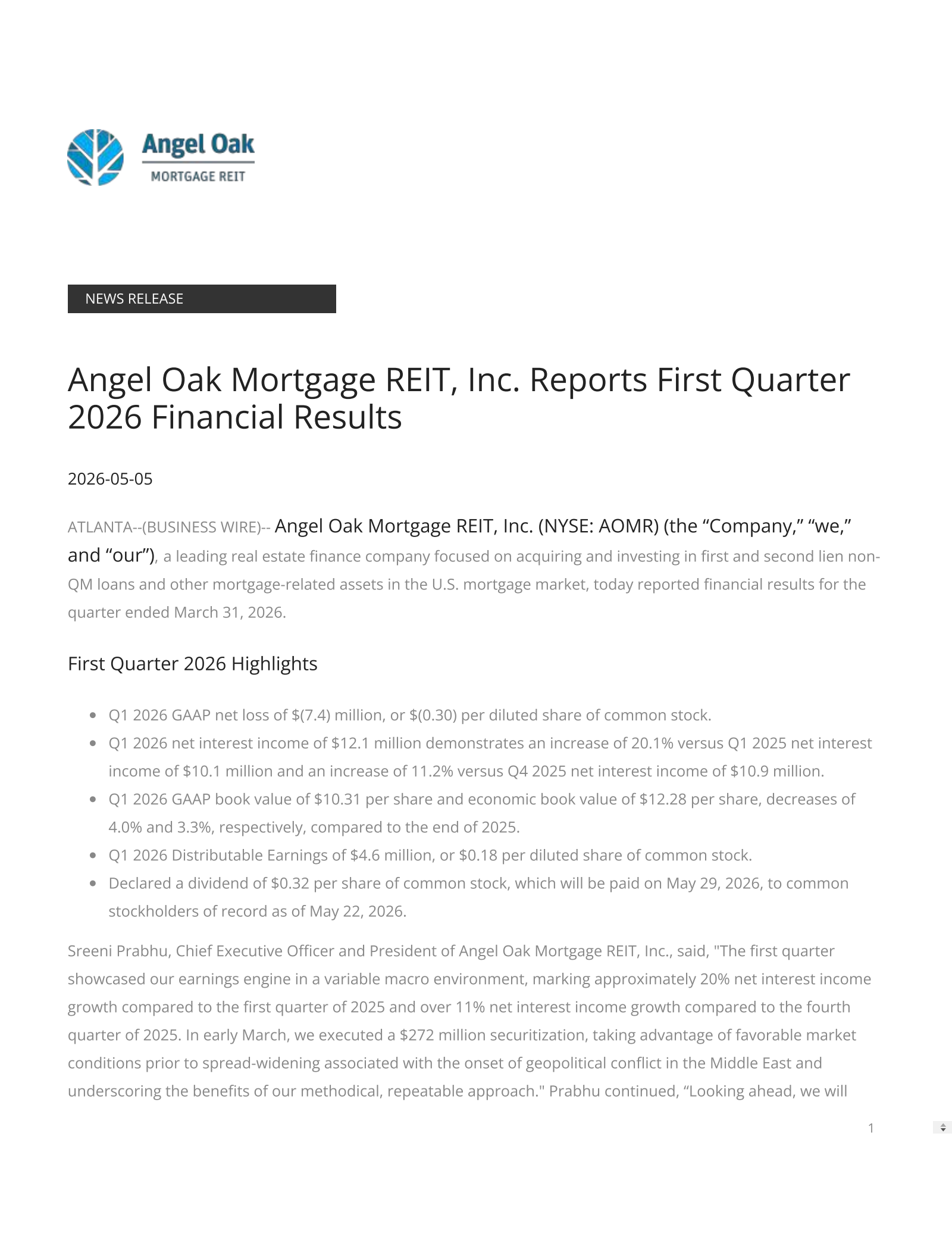 Angel Oak Mortgage REIT's Q1 2026 Press Release