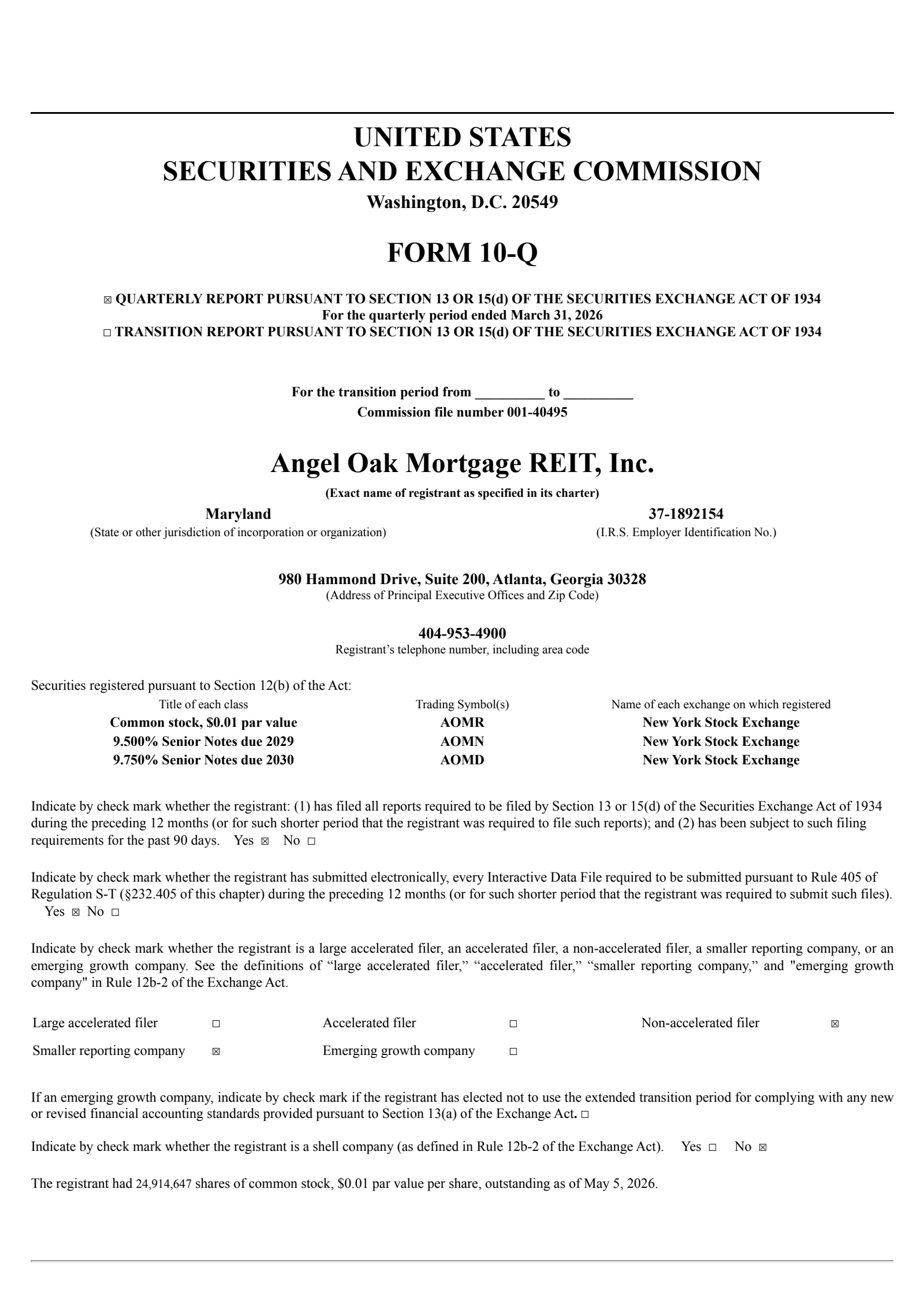 Angel Oak Mortgage REIT's Q1 2026 Quarterly report